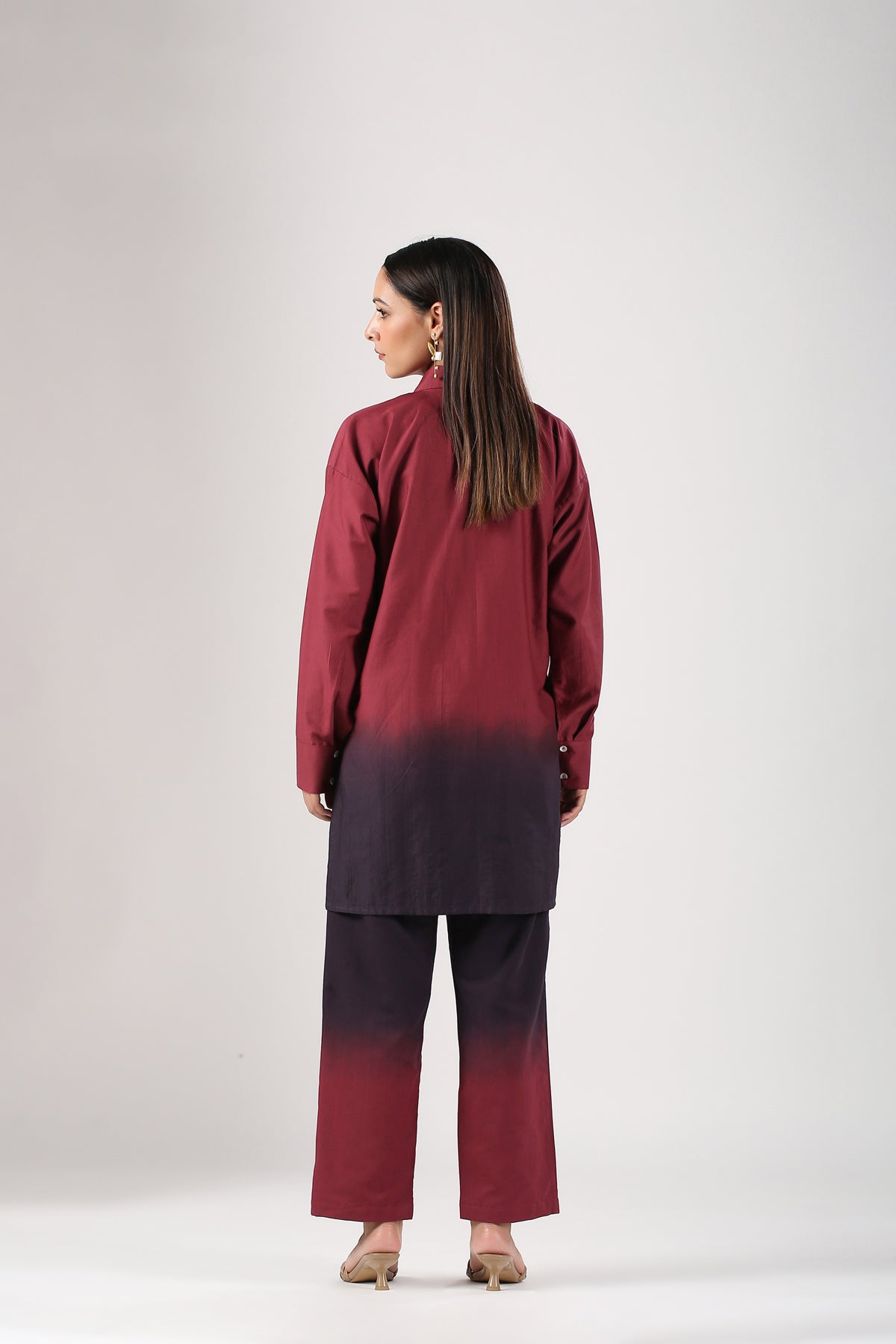 Maroon Ombre Co Ord Set by MOH-The Eternal Dhaga with 100% pure cotton, Cotton, Maroon, Moh-The eternal Dhaga, Multicolor, Natural, Office Wear, Office Wear Co-ords, Ombre and Dyes, Regular Fit, Womenswear at Kamakhyaa for sustainable fashion
