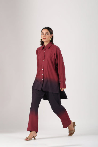 Maroon Ombre Co Ord Set by MOH-The Eternal Dhaga with 100% pure cotton, Cotton, Maroon, Moh-The eternal Dhaga, Multicolor, Natural, Office Wear, Office Wear Co-ords, Ombre and Dyes, Regular Fit, Womenswear at Kamakhyaa for sustainable fashion