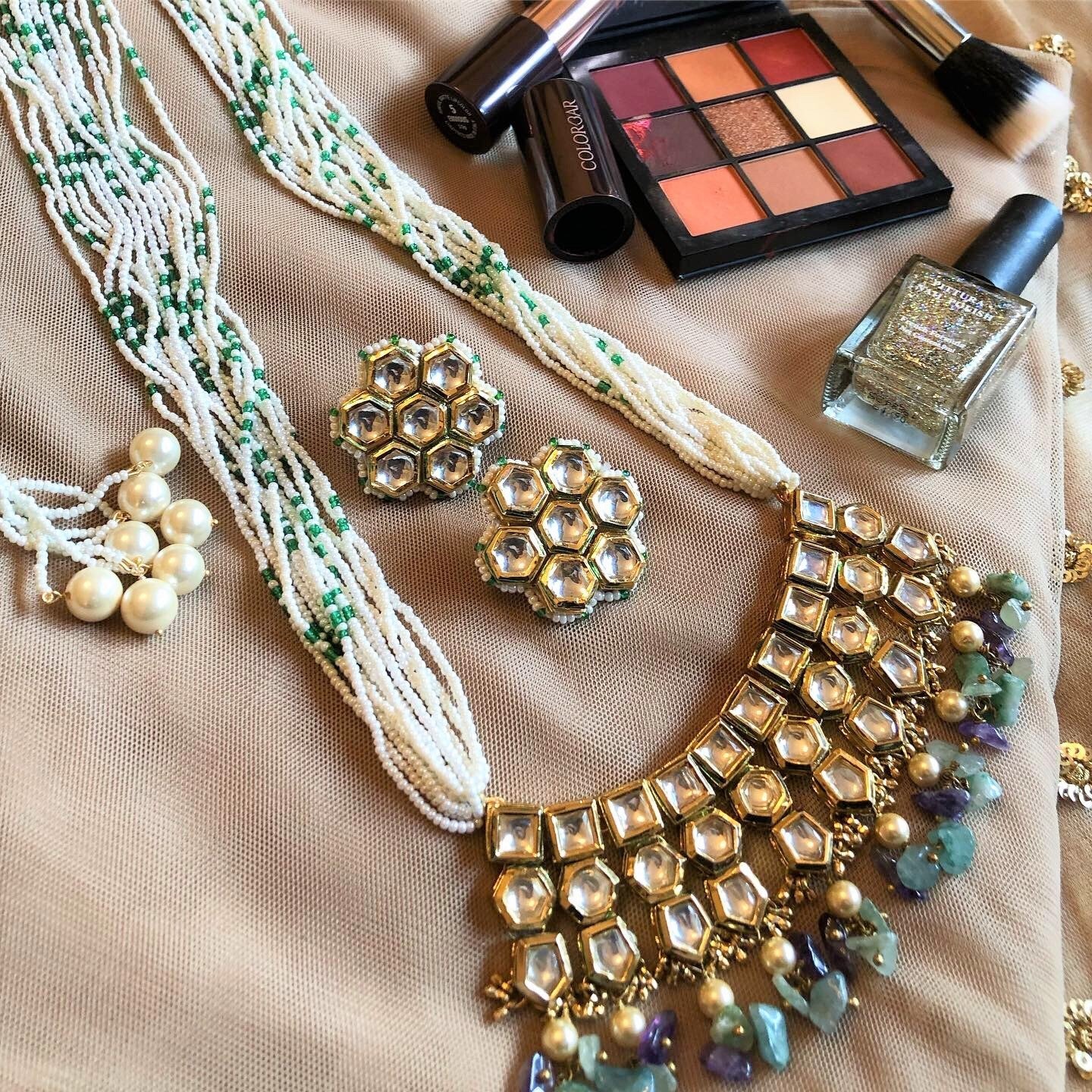 Multicolor Necklace with Studs Mogra kundankari by House Of Heer with Add Ons, Alloy Metal, Festive Jewellery, Festive Wear, Free Size, jewelry, Jewelry Sets, July Sale, July Sale 2023, Multicolor, Natural, Pearl, Textured at Kamakhyaa for sustainable fashion