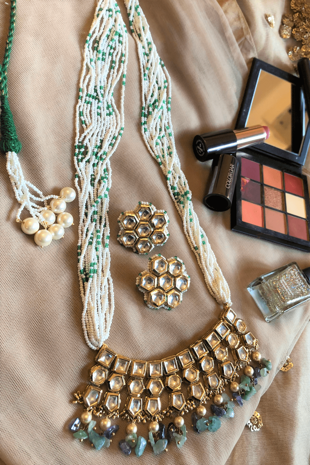 Multicolor Necklace with Studs Mogra kundankari by House Of Heer with Add Ons, Alloy Metal, Festive Jewellery, Festive Wear, Free Size, jewelry, Jewelry Sets, July Sale, July Sale 2023, Multicolor, Natural, Pearl, Textured at Kamakhyaa for sustainable fashion