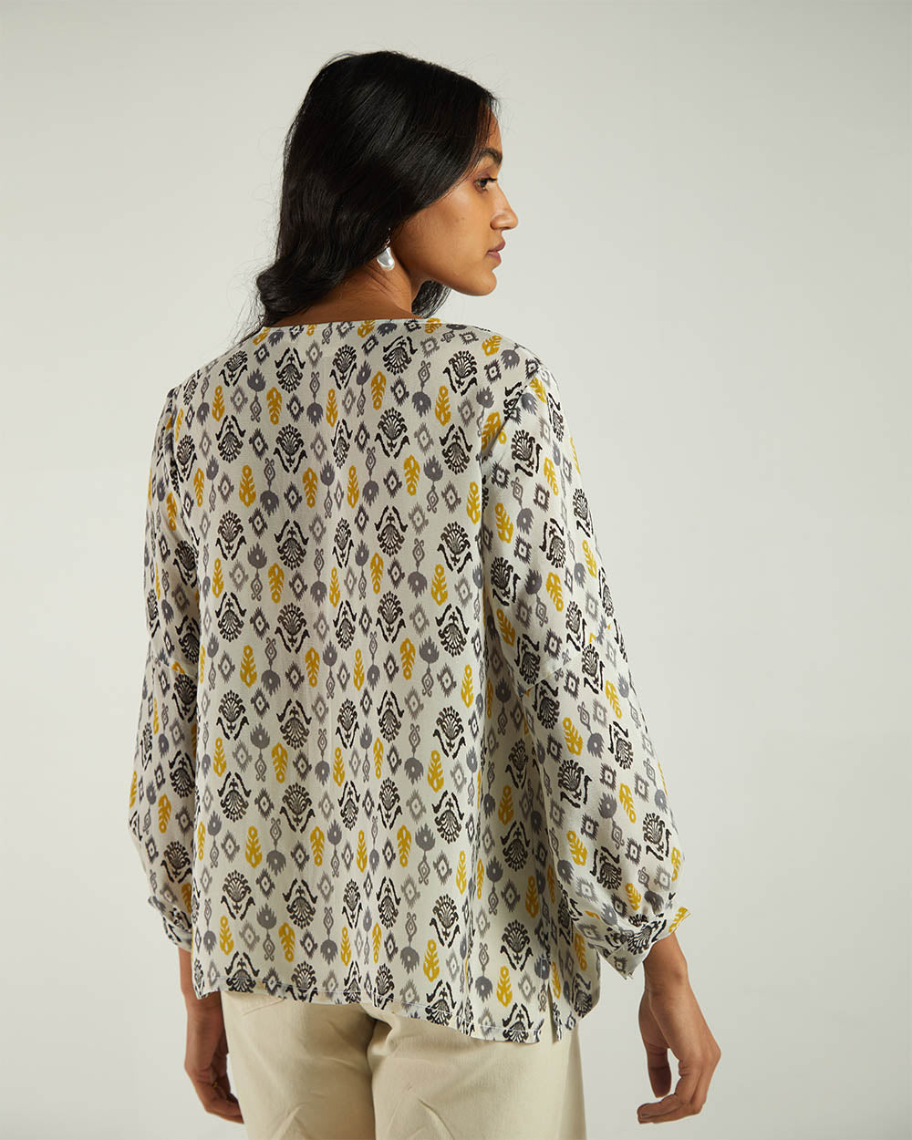 Multicolor Ikat top by Reistor with A Summer Situation by Reistor, Archived, Bemberg, Casual Wear, Natural, Prints, Regular Fit, Tops, Tunic Tops, White, Womenswear at Kamakhyaa for sustainable fashion