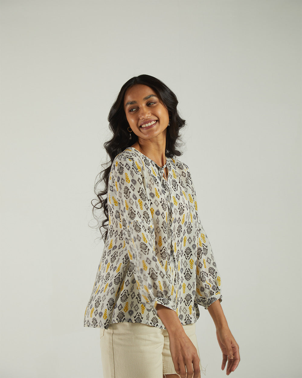 Multicolor Ikat top by Reistor with A Summer Situation by Reistor, Archived, Bemberg, Casual Wear, Natural, Prints, Regular Fit, Tops, Tunic Tops, White, Womenswear at Kamakhyaa for sustainable fashion