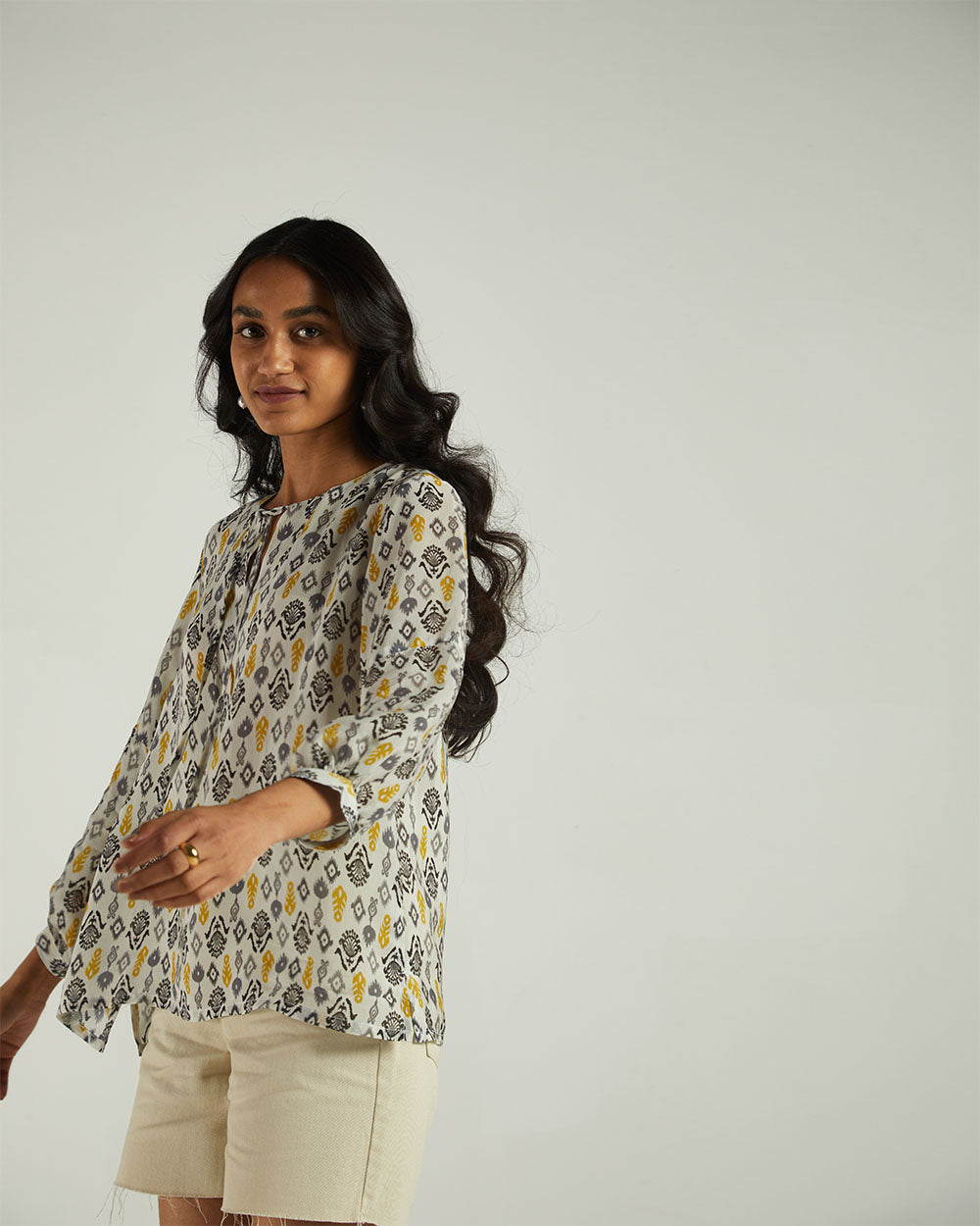 Multicolor Ikat top by Reistor with A Summer Situation by Reistor, Archived, Bemberg, Casual Wear, Natural, Prints, Regular Fit, Tops, Tunic Tops, White, Womenswear at Kamakhyaa for sustainable fashion