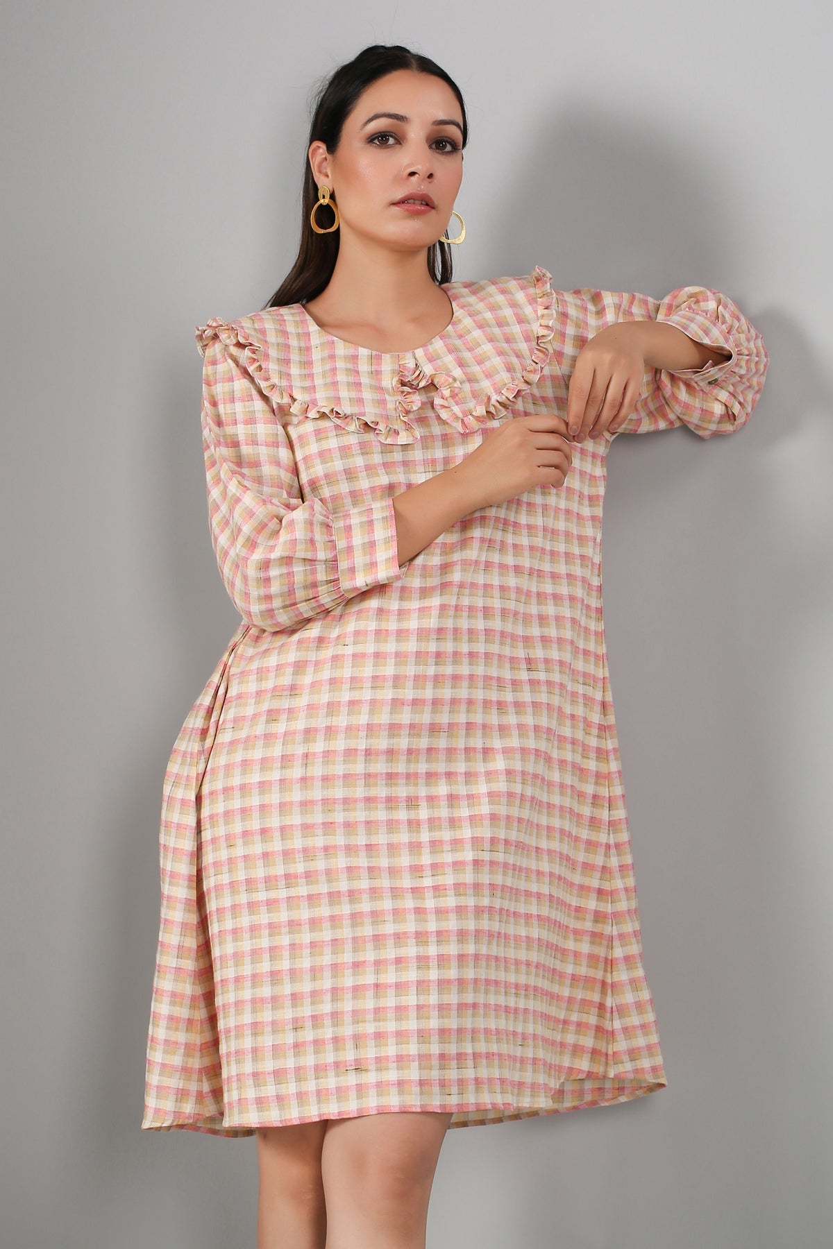Multicolor Mini Dress by MOH-The Eternal Dhaga with Casual Wear, Cotton, Cotton Slub, Mini Dresses, Moh-The eternal Dhaga, Natural, Pink, Regular Fit, Stripes, Womenswear at Kamakhyaa for sustainable fashion