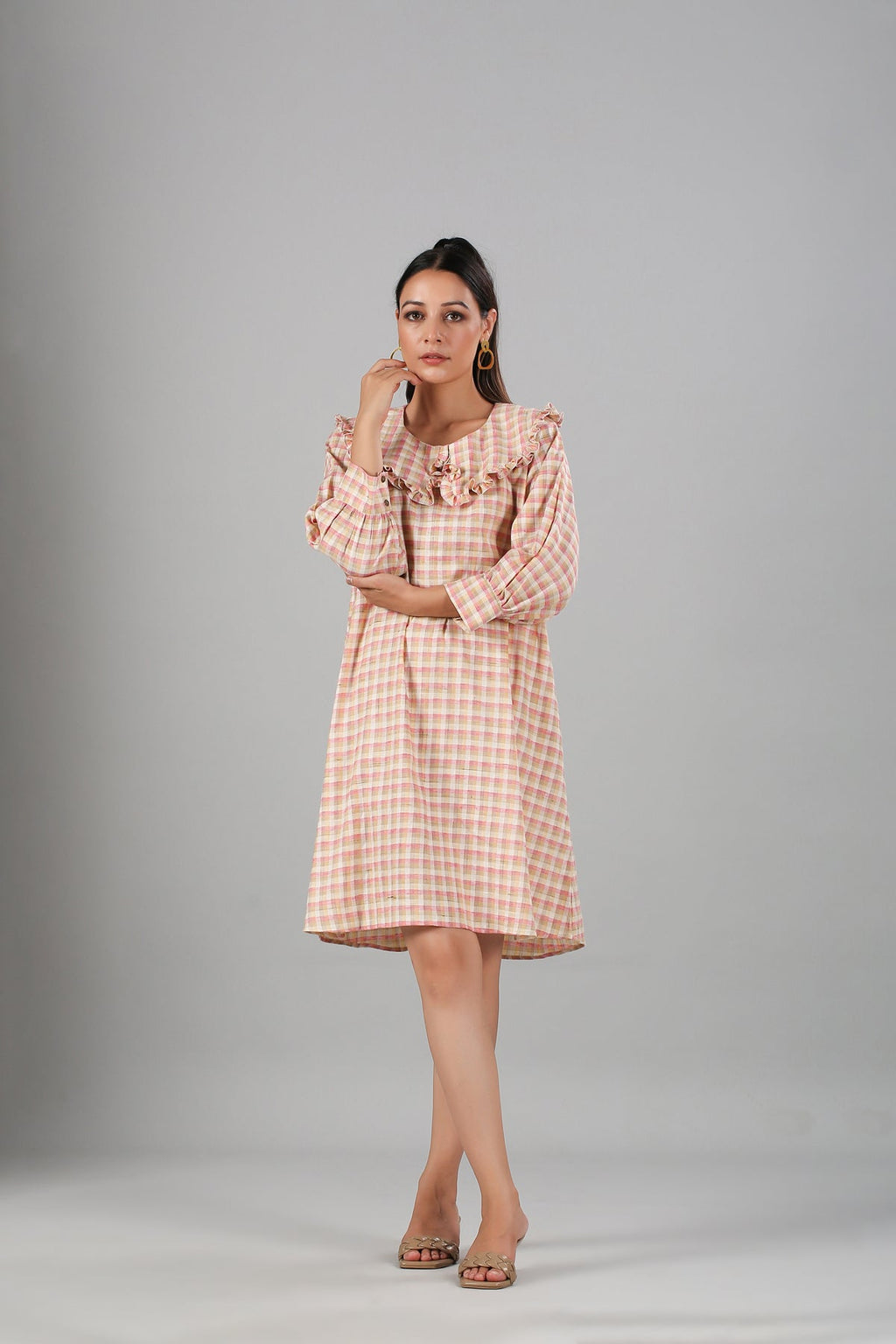 Multicolor Mini Dress by MOH-The Eternal Dhaga with Casual Wear, Cotton, Cotton Slub, Mini Dresses, Moh-The eternal Dhaga, Natural, Pink, Regular Fit, Stripes, Womenswear at Kamakhyaa for sustainable fashion