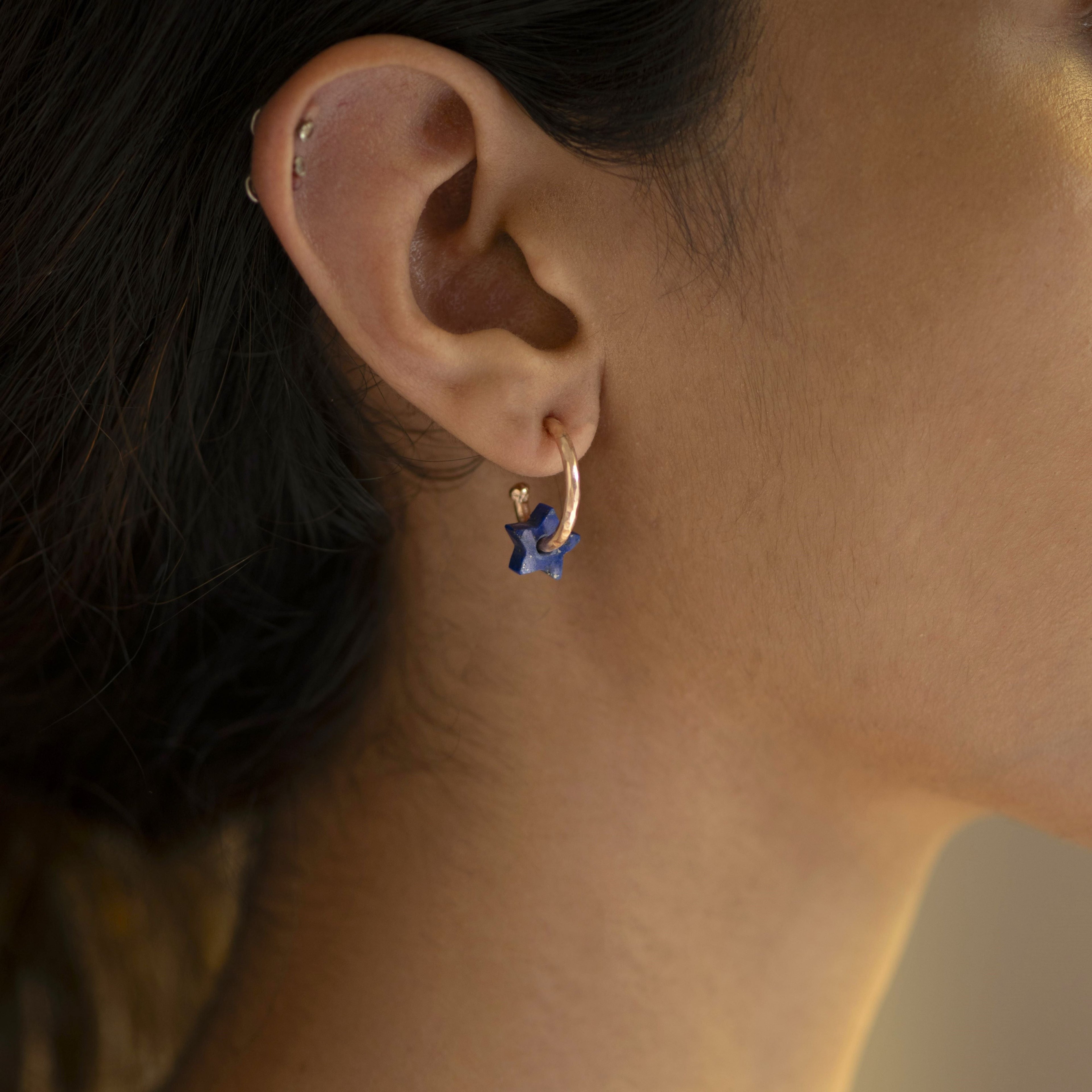 Athena Star Hoops Mini by Noyra with Blue, Fashion Jewellery, Hoops, jewelry, Micron, Natural, Office Wear Jewellery, Short Earrings, Silver, Solids at Kamakhyaa for sustainable fashion