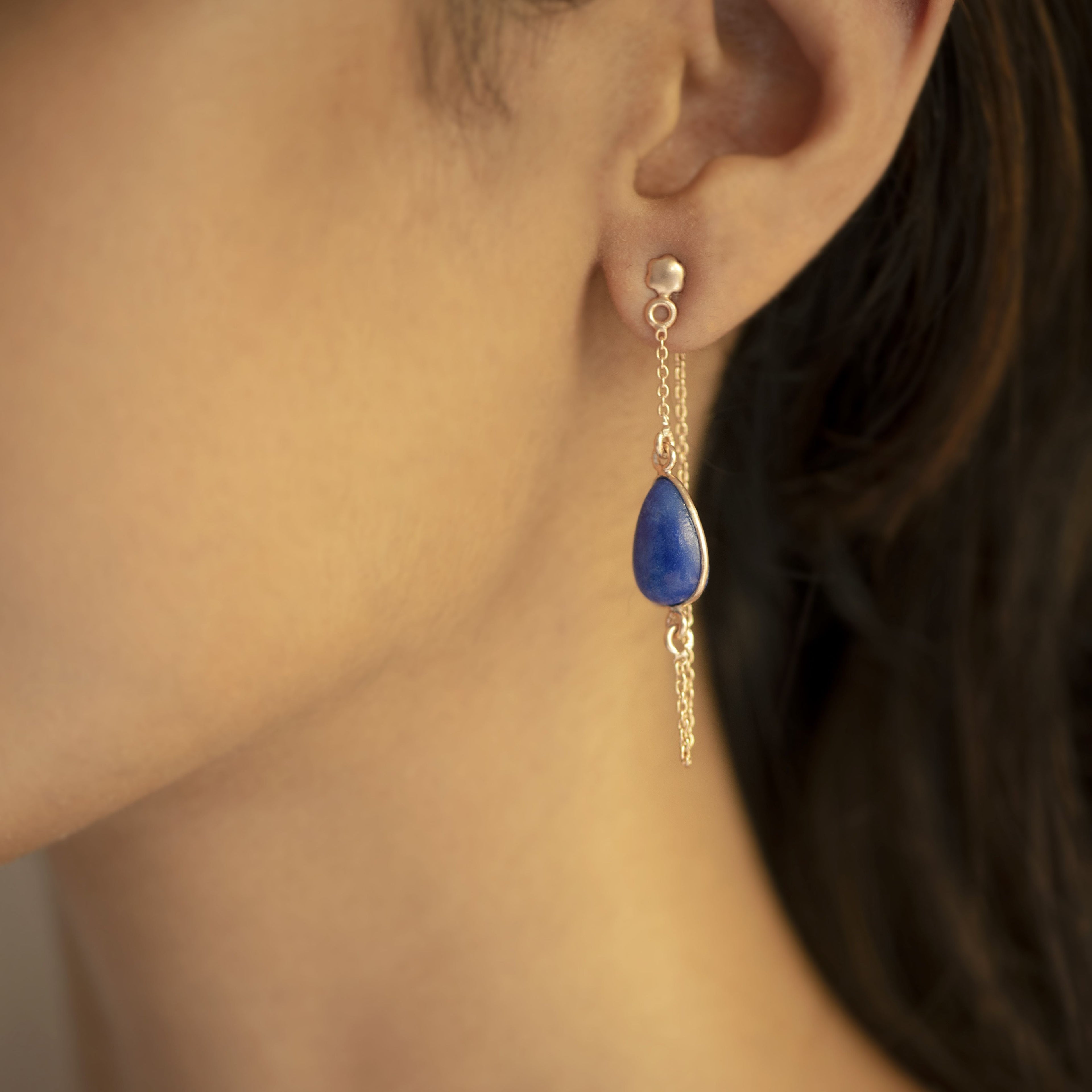 Athena Chain Earrings by Noyra with Blue, Fashion Jewellery, jewelry, Micron, Natural, Office Wear Jewellery, Short Earrings, Silver, Solids at Kamakhyaa for sustainable fashion