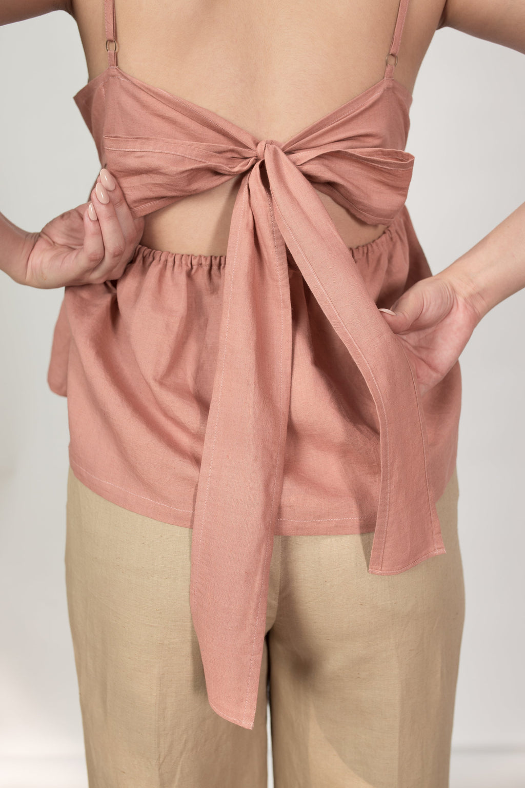Pink Sleeveless Back Bow Top by Anushé Pirani with Cotton Hemp, Nostalgic Whispers, Nostalgic Whispers by Anushe Pirani, Pink, Regular Fit, Sleeveless, solid, Tops & Shirts, Womenswear at Kamakhyaa for sustainable fashion