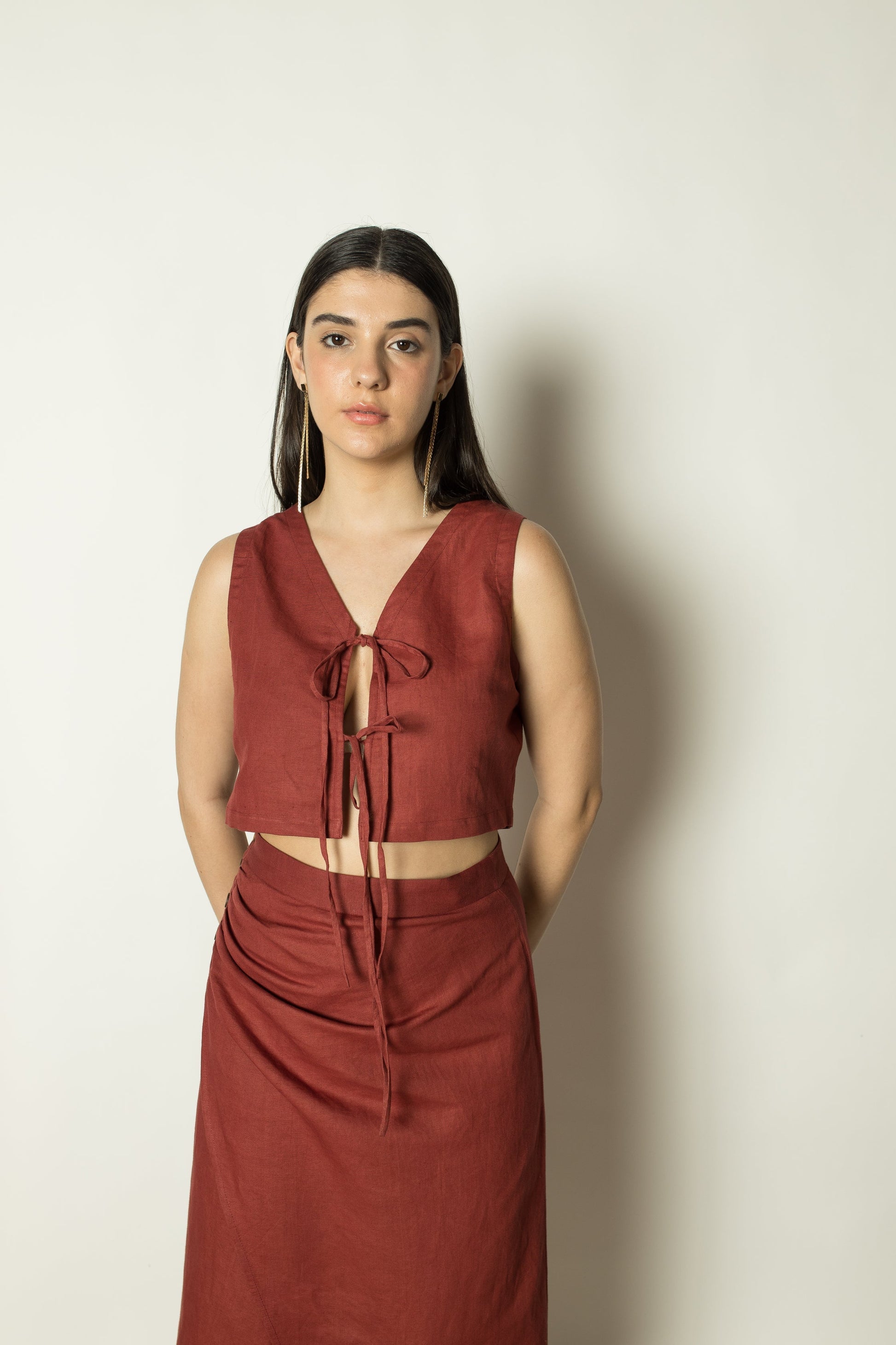Red Crop Top with Strings by Anushé Pirani with Cotton Hemp, Crop Top, Nostalgic Whispers, Nostalgic Whispers by Anushe Pirani, Red, solid, Tops & Shirts, Womenswear at Kamakhyaa for sustainable fashion