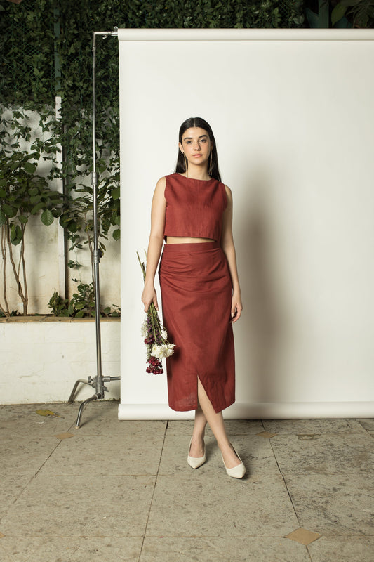 Red Skirt with Buttons by Anushé Pirani with Buttons, Cotton Hemp, Nostalgic Whispers, Nostalgic Whispers by Anushe Pirani, Red, Skirts, Slim Fit, solid, Womenswear at Kamakhyaa for sustainable fashion