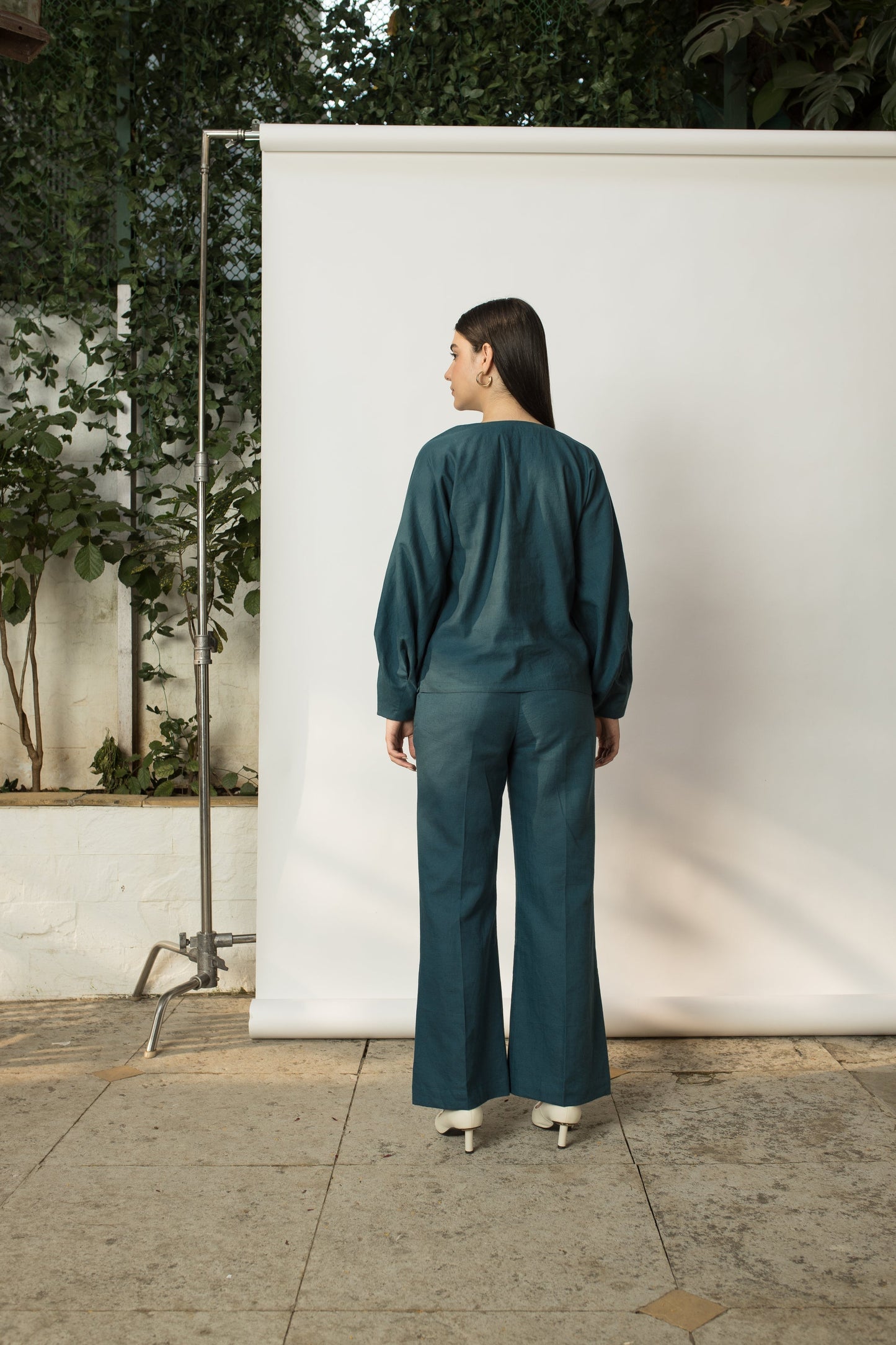 Solid Green Top with Dramatic Sleeves by Anushé Pirani with Blouses, Cotton Hemp, Green, Nostalgic Whispers, Nostalgic Whispers by Anushe Pirani, solid, Tops & Shirts, Womenswear at Kamakhyaa for sustainable fashion