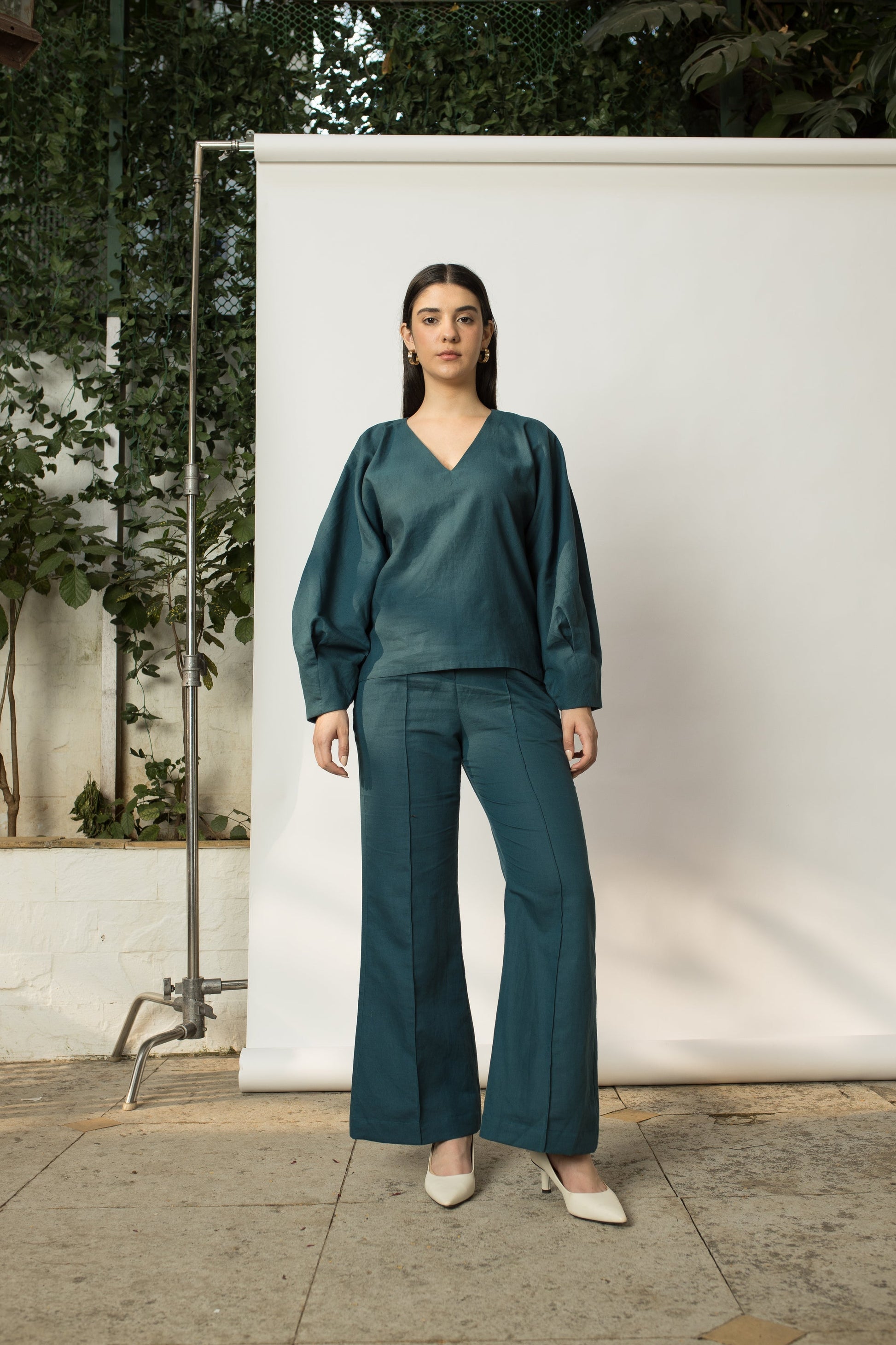 Solid Green Top with Dramatic Sleeves by Anushé Pirani with Blouses, Cotton Hemp, Green, Nostalgic Whispers, Nostalgic Whispers by Anushe Pirani, solid, Tops & Shirts, Womenswear at Kamakhyaa for sustainable fashion