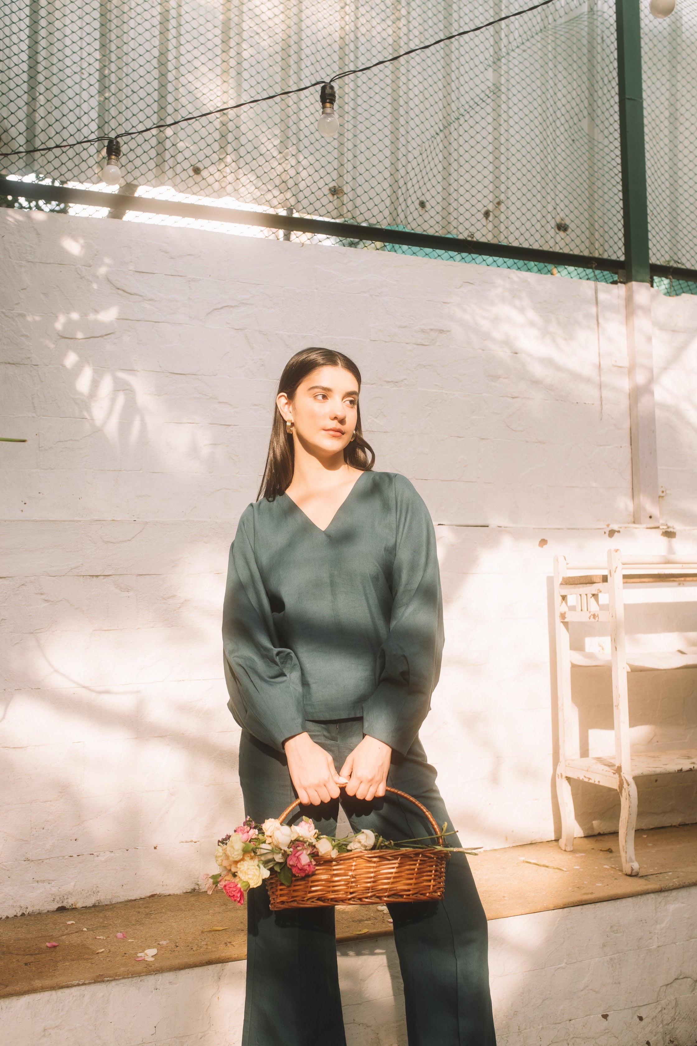 Solid Green Top with Dramatic Sleeves by Anushé Pirani with Blouses, Cotton Hemp, Green, Nostalgic Whispers, Nostalgic Whispers by Anushe Pirani, solid, Tops & Shirts, Womenswear at Kamakhyaa for sustainable fashion