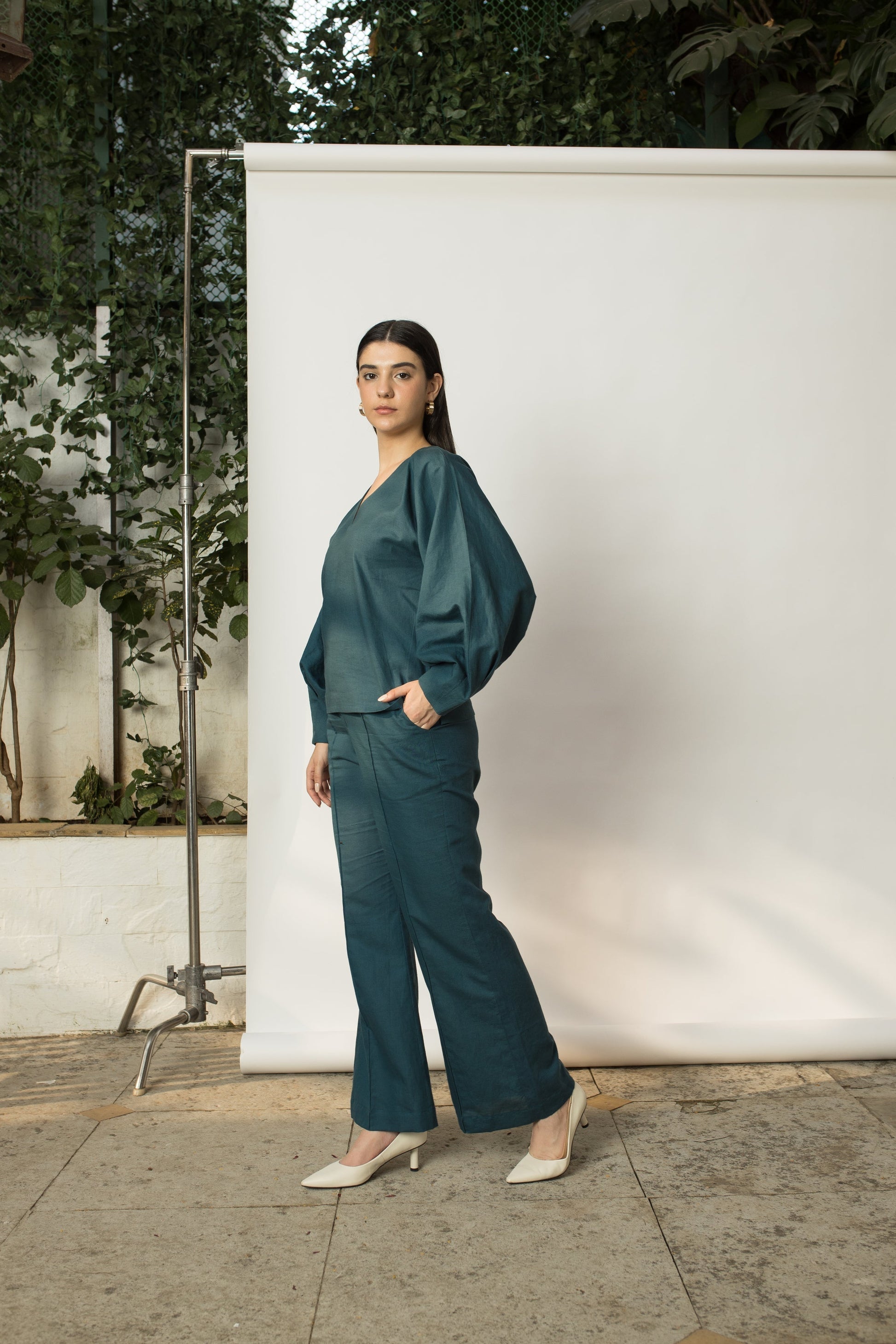 Solid Green Top with Dramatic Sleeves by Anushé Pirani with Blouses, Cotton Hemp, Green, Nostalgic Whispers, Nostalgic Whispers by Anushe Pirani, solid, Tops & Shirts, Womenswear at Kamakhyaa for sustainable fashion