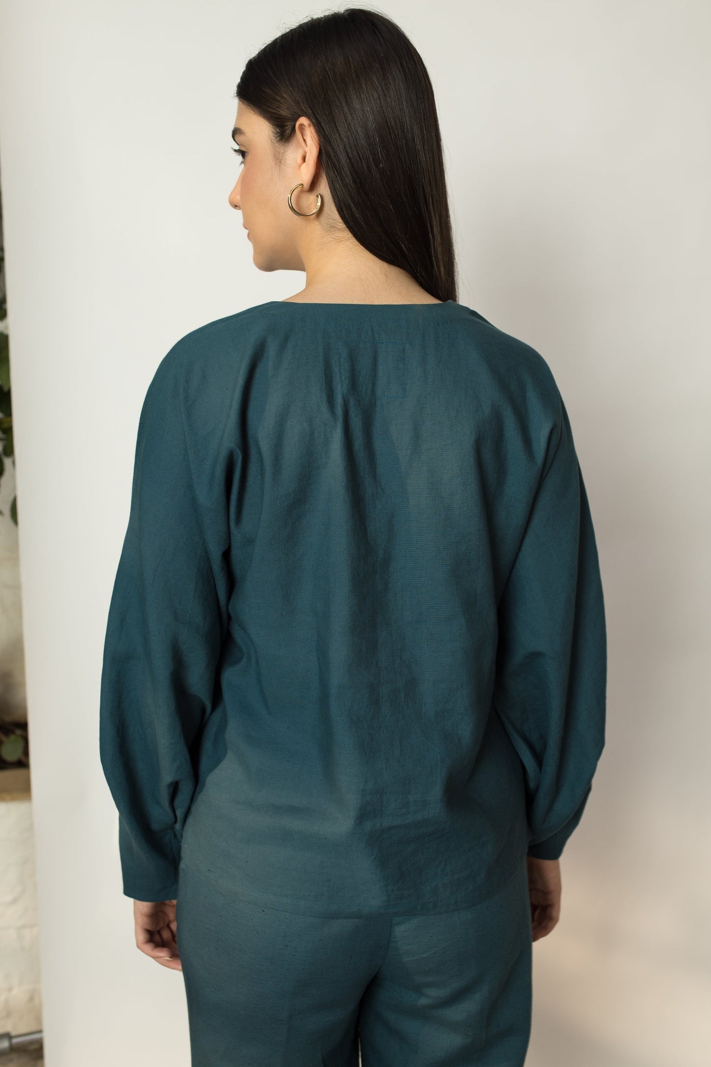 Solid Green Top with Dramatic Sleeves by Anushé Pirani with Blouses, Cotton Hemp, Green, Nostalgic Whispers, Nostalgic Whispers by Anushe Pirani, solid, Tops & Shirts, Womenswear at Kamakhyaa for sustainable fashion