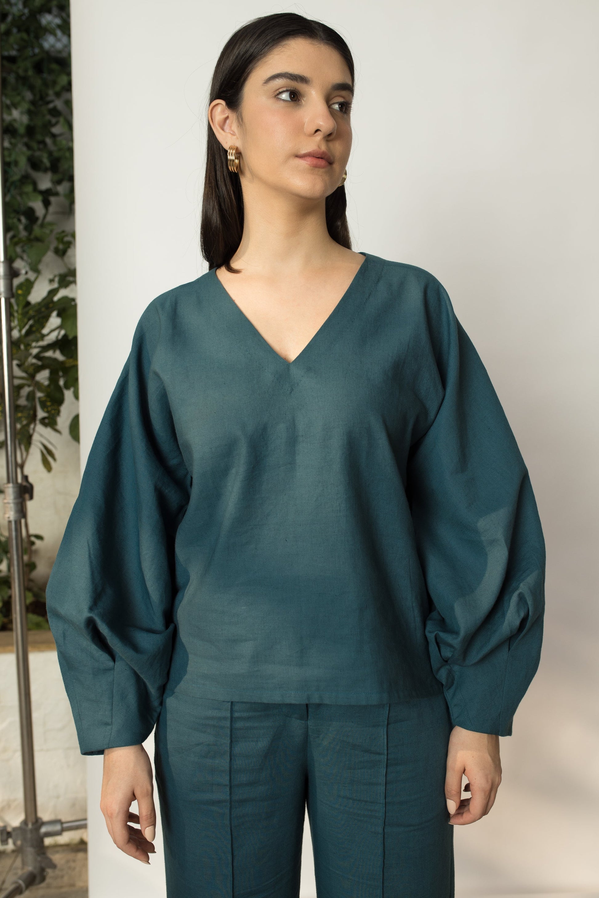 Solid Green Top with Dramatic Sleeves by Anushé Pirani with Blouses, Cotton Hemp, Green, Nostalgic Whispers, Nostalgic Whispers by Anushe Pirani, solid, Tops & Shirts, Womenswear at Kamakhyaa for sustainable fashion