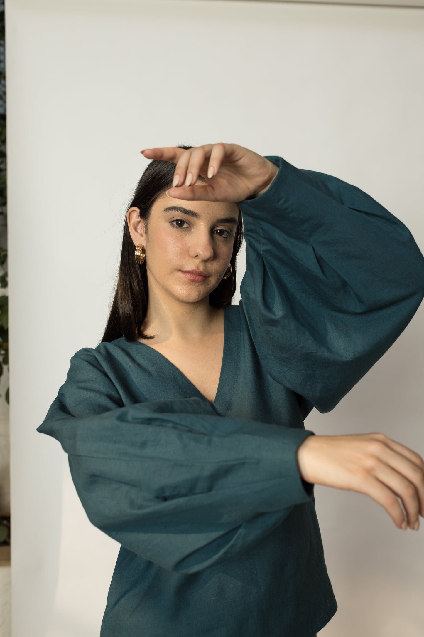 Solid Green Top with Dramatic Sleeves by Anushé Pirani with Blouses, Cotton Hemp, Green, Nostalgic Whispers, Nostalgic Whispers by Anushe Pirani, solid, Tops & Shirts, Womenswear at Kamakhyaa for sustainable fashion