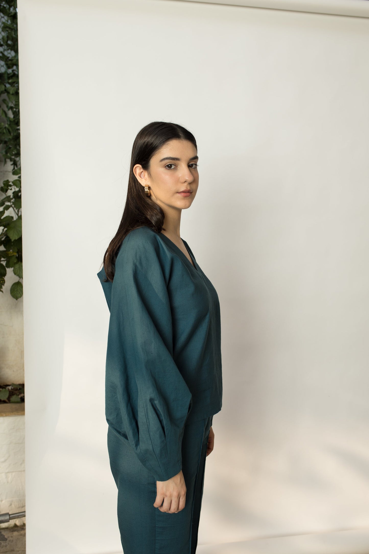 Solid Green Top with Dramatic Sleeves by Anushé Pirani with Blouses, Cotton Hemp, Green, Nostalgic Whispers, Nostalgic Whispers by Anushe Pirani, solid, Tops & Shirts, Womenswear at Kamakhyaa for sustainable fashion