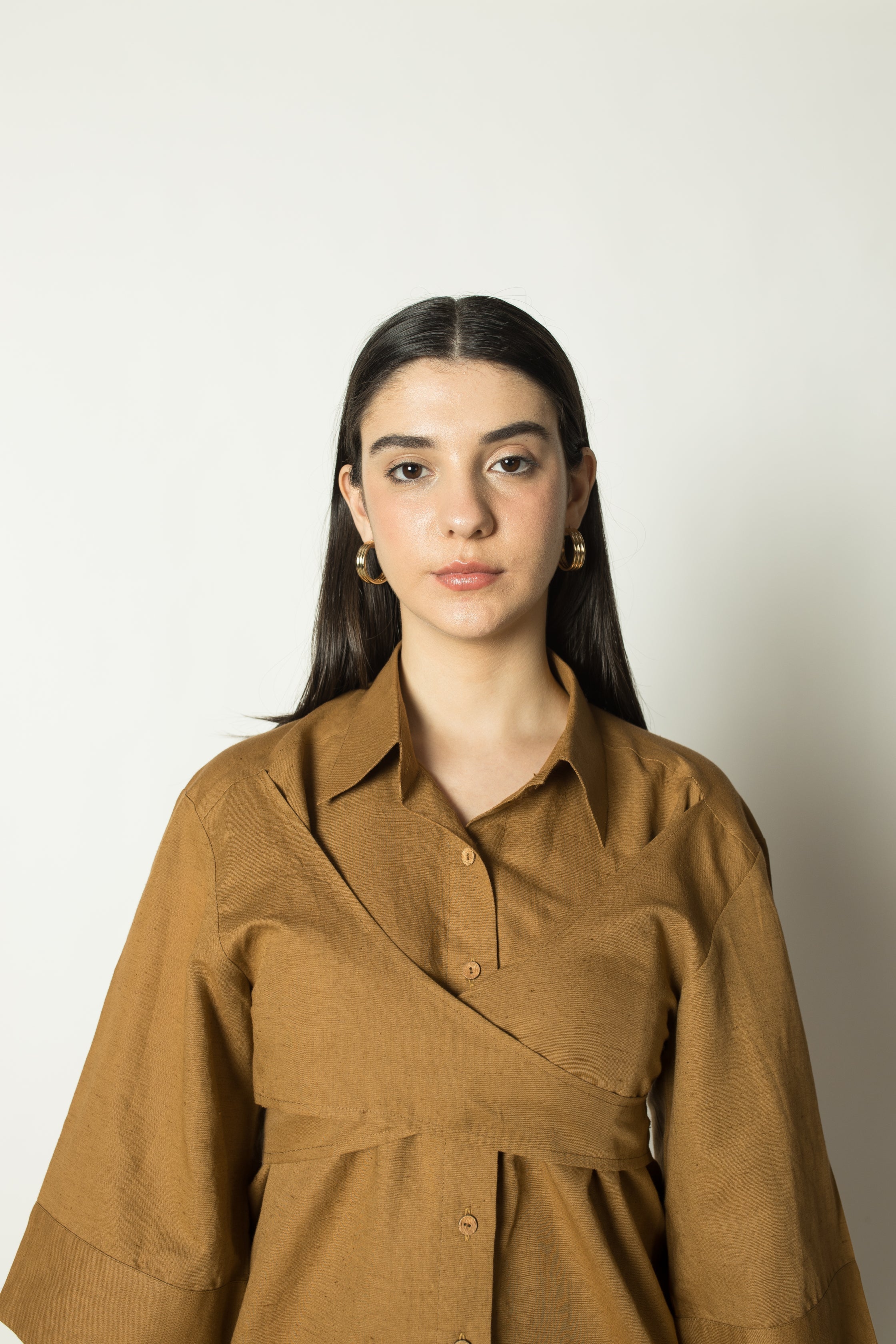 Brown Overlay Shirt by Anushé Pirani with Casual Wear, Cotton Hemp, Nostalgic Whispers, Nostalgic Whispers by Anushe Pirani, Regular Fit, Solids, Tops & Shirts, Womenswear at Kamakhyaa for sustainable fashion