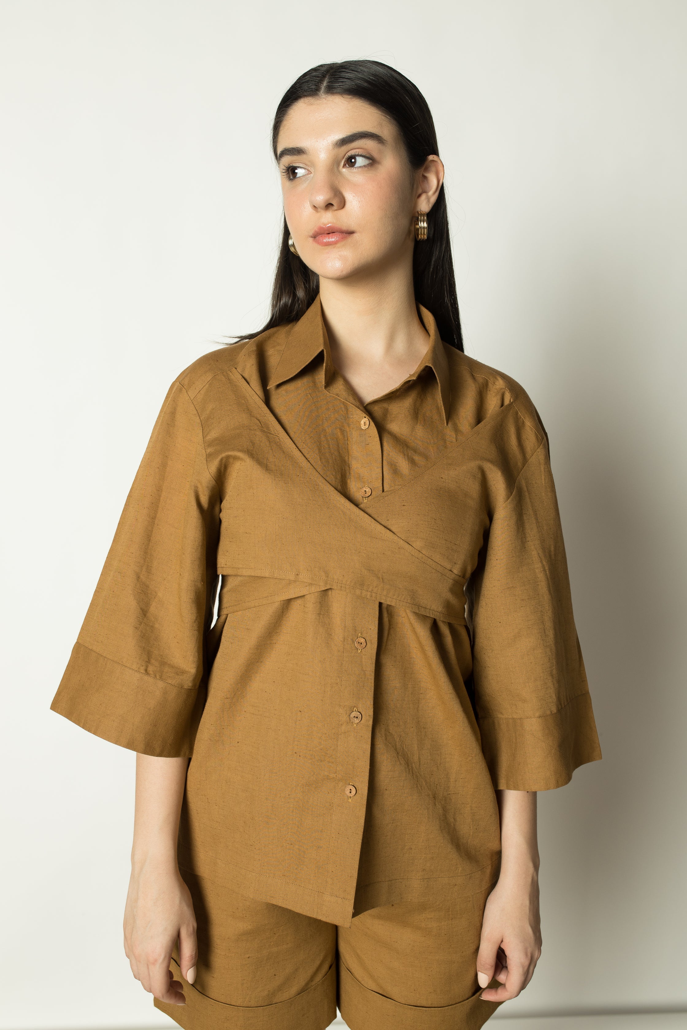 Brown Overlay Shirt by Anushé Pirani with Casual Wear, Cotton Hemp, Nostalgic Whispers, Nostalgic Whispers by Anushe Pirani, Regular Fit, Solids, Tops & Shirts, Womenswear at Kamakhyaa for sustainable fashion