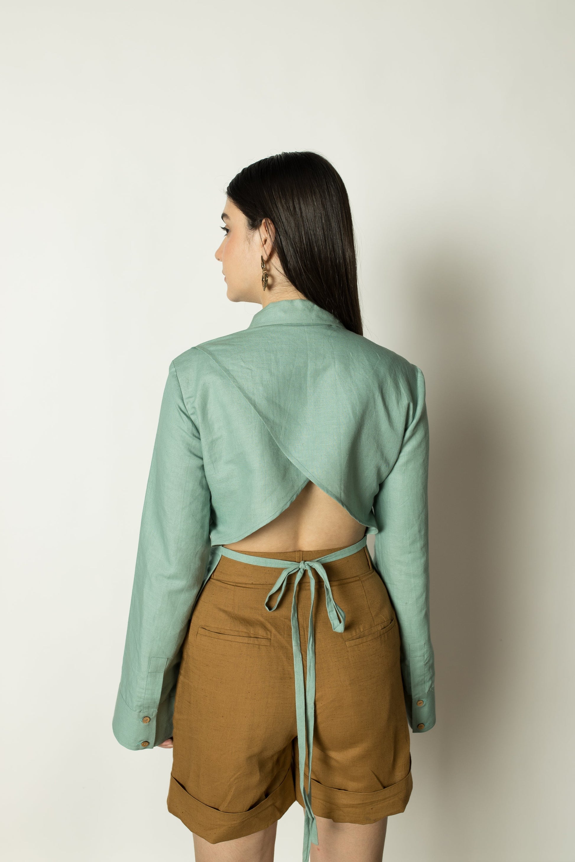 Solid Blue Shirt with Back Tie by Anushé Pirani with Cotton Hemp, Green, Nostalgic Whispers, Nostalgic Whispers by Anushe Pirani, Regular Fit, solid, Tops & Shirts, Womenswear at Kamakhyaa for sustainable fashion