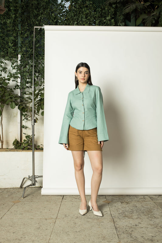 Solid Blue Shirt with Back Tie by Anushé Pirani with Cotton Hemp, Green, Nostalgic Whispers, Nostalgic Whispers by Anushe Pirani, Regular Fit, solid, Tops & Shirts, Womenswear at Kamakhyaa for sustainable fashion