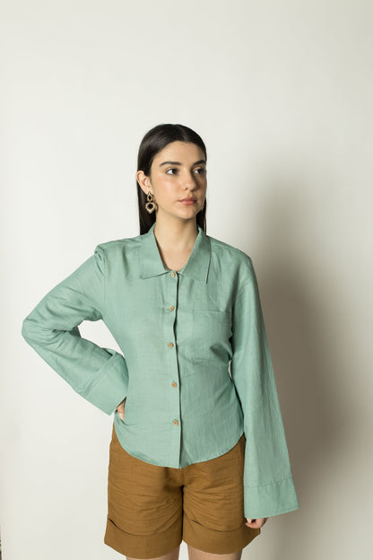 Solid Blue Shirt with Back Tie by Anushé Pirani with Cotton Hemp, Green, Nostalgic Whispers, Nostalgic Whispers by Anushe Pirani, Regular Fit, solid, Tops & Shirts, Womenswear at Kamakhyaa for sustainable fashion