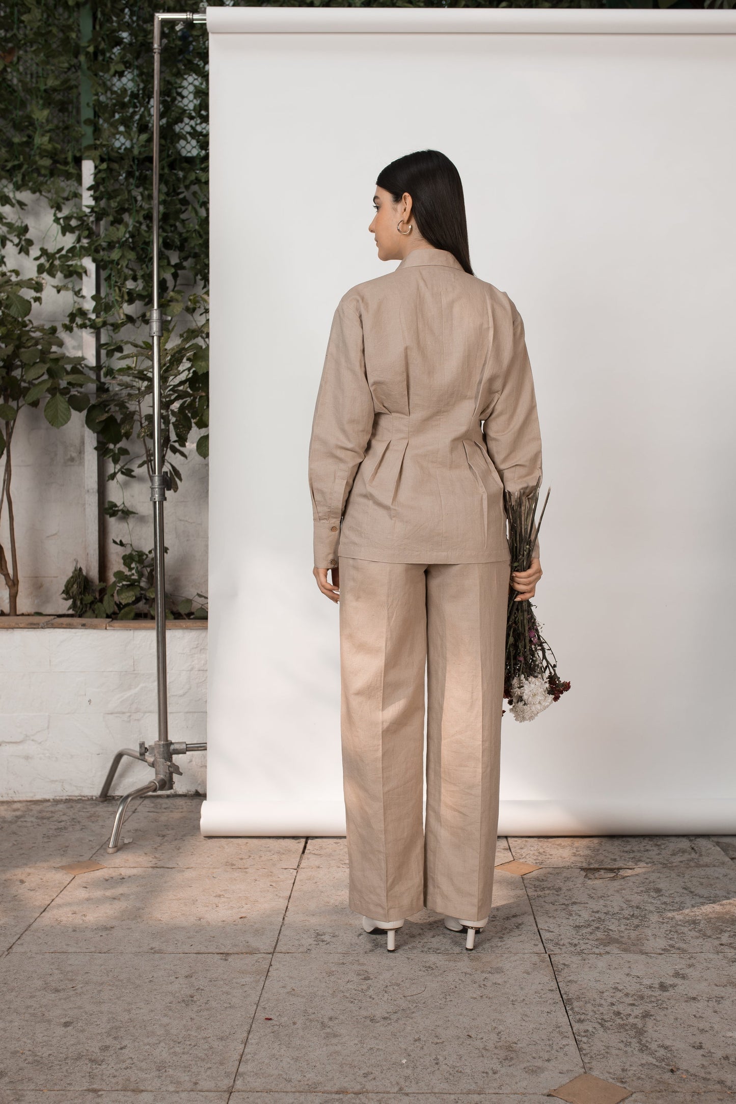 Beige Solid Tailored Pants by Anushé Pirani with Beige, Cotton Hemp, Nostalgic Whispers, Nostalgic Whispers by Anushe Pirani, Pants, Regular Fit, solid, Womenswear at Kamakhyaa for sustainable fashion