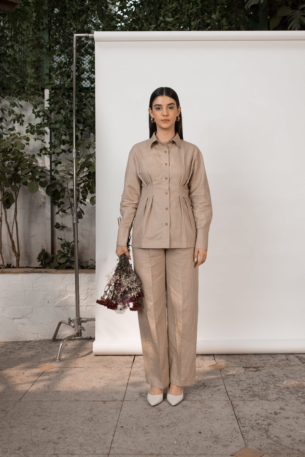 Beige Shirt with Pleats by Anushé Pirani with Beige, Cotton Hemp, Nostalgic Whispers, Nostalgic Whispers by Anushe Pirani, Slim Fit, solid, Tops & Shirts, Womenswear at Kamakhyaa for sustainable fashion