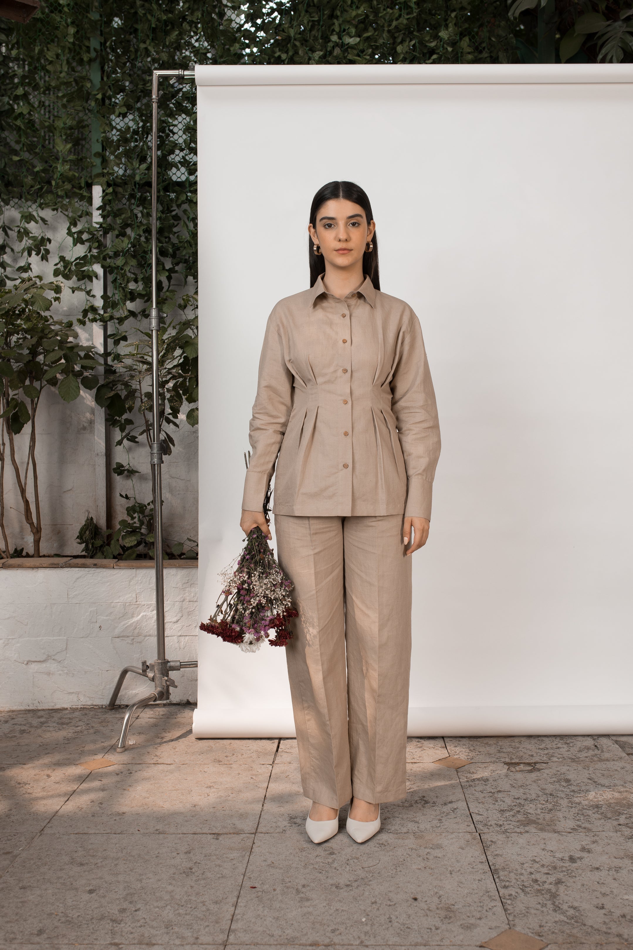 Beige Shirt with Pleats by Anushé Pirani with Beige, Cotton Hemp, Nostalgic Whispers, Nostalgic Whispers by Anushe Pirani, Slim Fit, solid, Tops & Shirts, Womenswear at Kamakhyaa for sustainable fashion