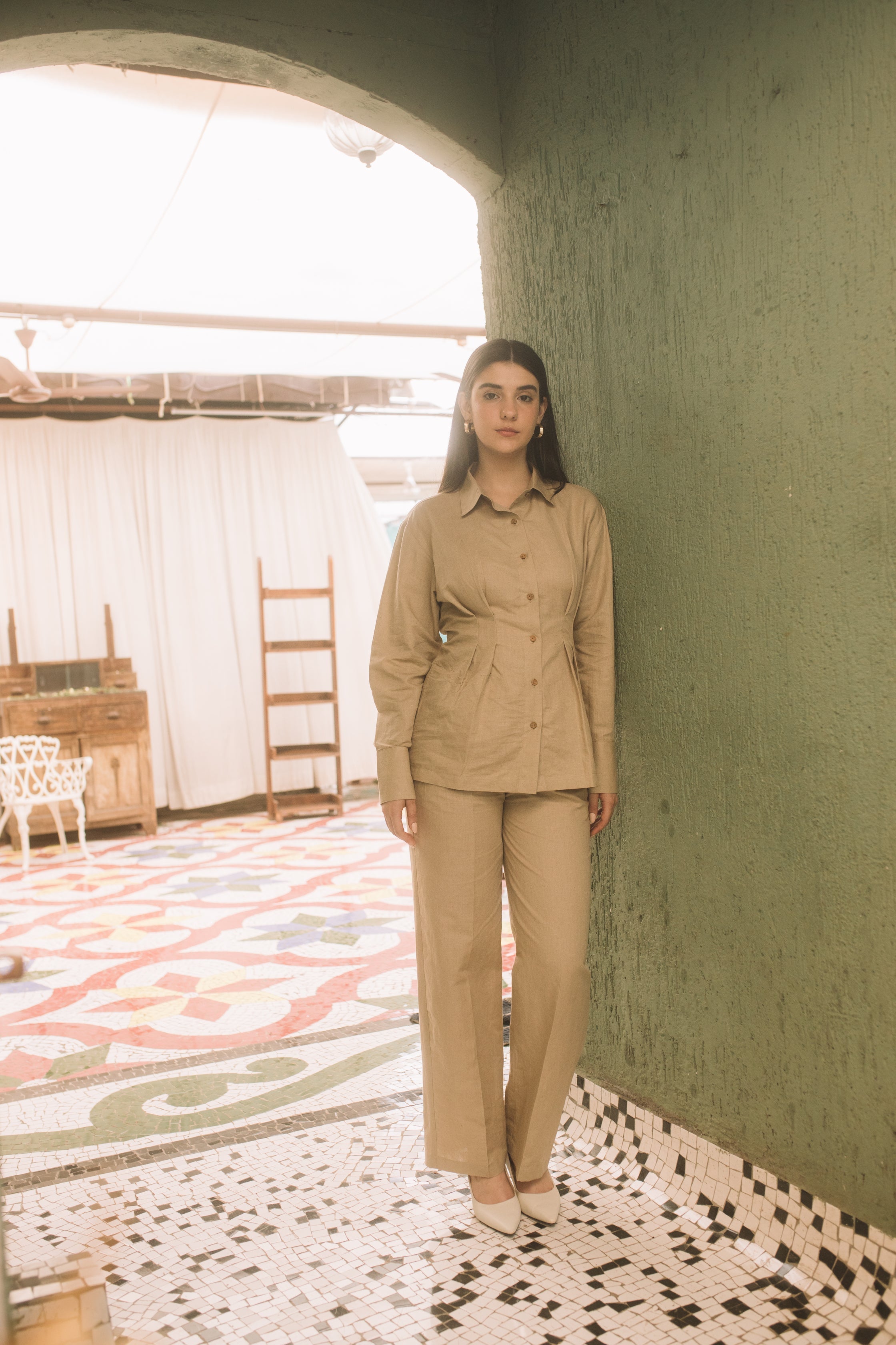 Beige Shirt with Pleats by Anushé Pirani with Beige, Cotton Hemp, Nostalgic Whispers, Nostalgic Whispers by Anushe Pirani, Slim Fit, solid, Tops & Shirts, Womenswear at Kamakhyaa for sustainable fashion