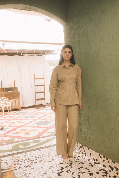 Beige Solid Tailored Pants by Anushé Pirani with Beige, Cotton Hemp, Nostalgic Whispers, Nostalgic Whispers by Anushe Pirani, Pants, Regular Fit, solid, Womenswear at Kamakhyaa for sustainable fashion