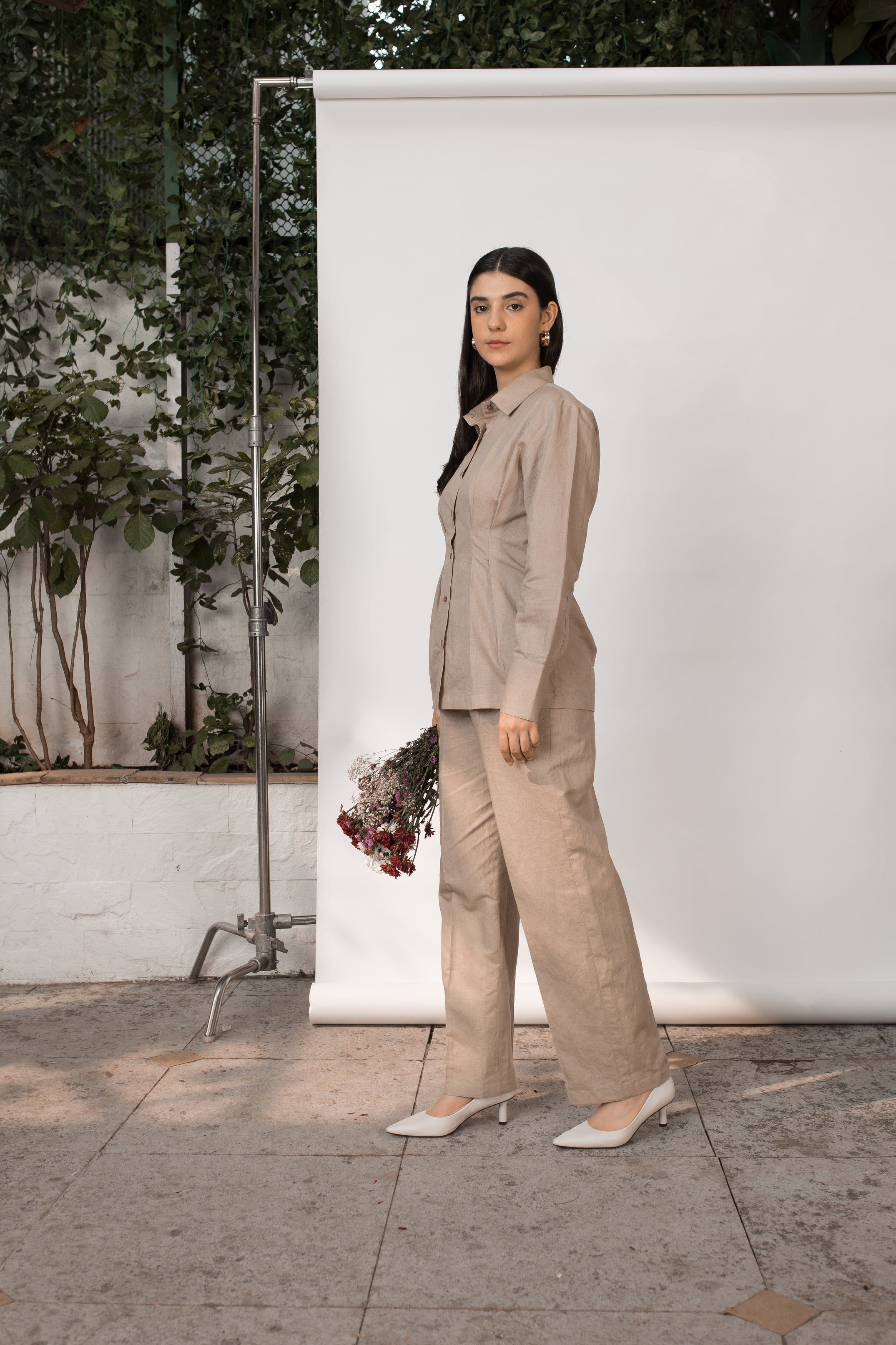 Beige Solid Tailored Pants by Anushé Pirani with Beige, Cotton Hemp, Nostalgic Whispers, Nostalgic Whispers by Anushe Pirani, Pants, Regular Fit, solid, Womenswear at Kamakhyaa for sustainable fashion