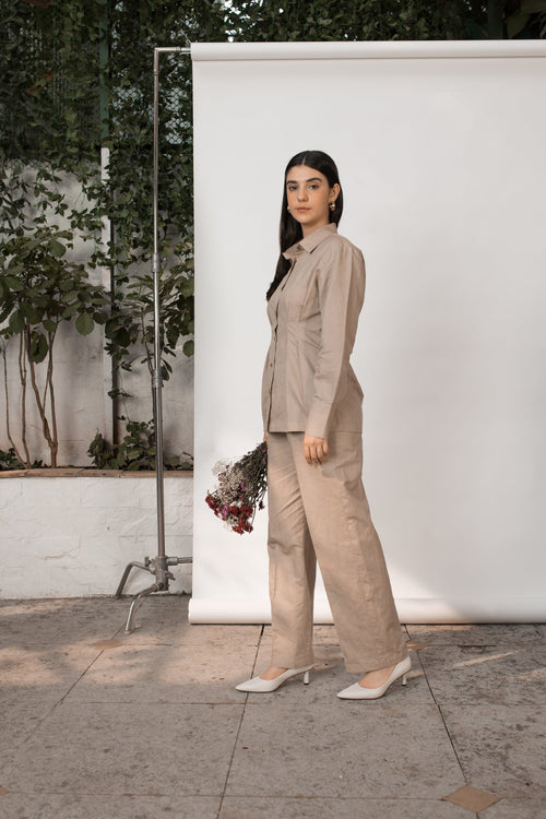 Beige Solid Tailored Pants by Anushé Pirani with Beige, Cotton Hemp, Nostalgic Whispers, Nostalgic Whispers by Anushe Pirani, Pants, Regular Fit, solid, Womenswear at Kamakhyaa for sustainable fashion
