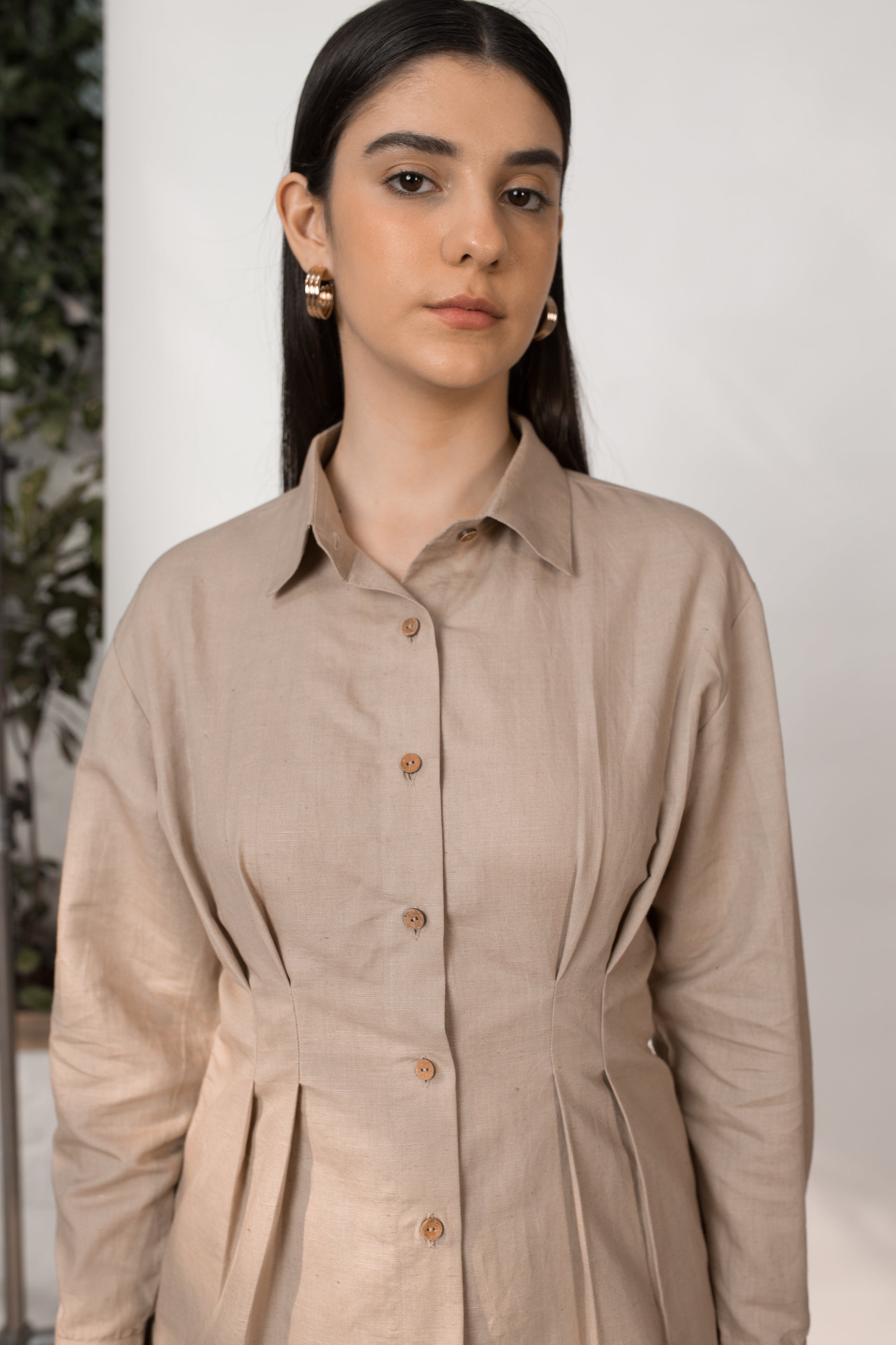 Beige Shirt with Pleats by Anushé Pirani with Beige, Cotton Hemp, Nostalgic Whispers, Nostalgic Whispers by Anushe Pirani, Slim Fit, solid, Tops & Shirts, Womenswear at Kamakhyaa for sustainable fashion