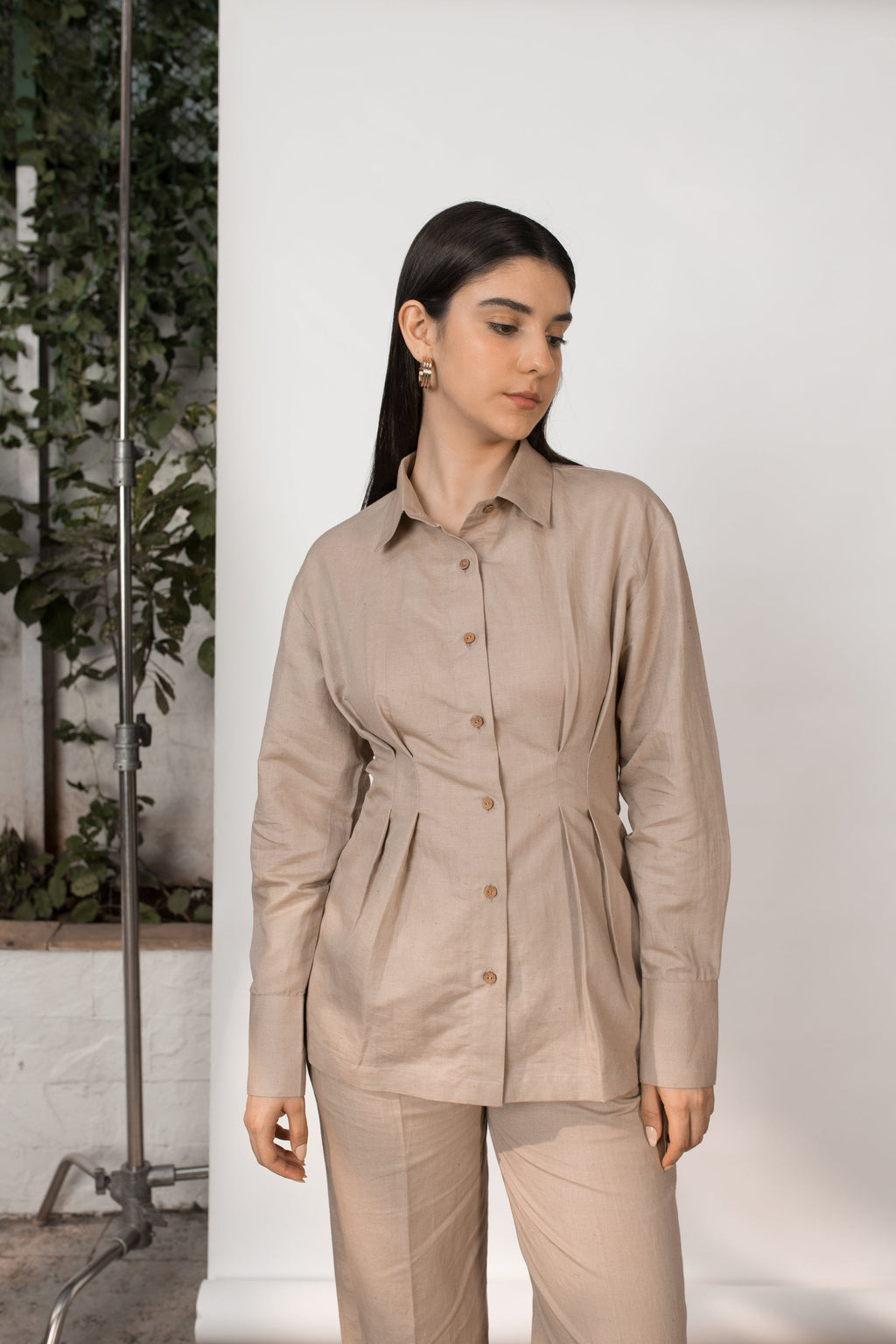 Beige Shirt with Pleats by Anushé Pirani with Beige, Cotton Hemp, Nostalgic Whispers, Nostalgic Whispers by Anushe Pirani, Slim Fit, solid, Tops & Shirts, Womenswear at Kamakhyaa for sustainable fashion