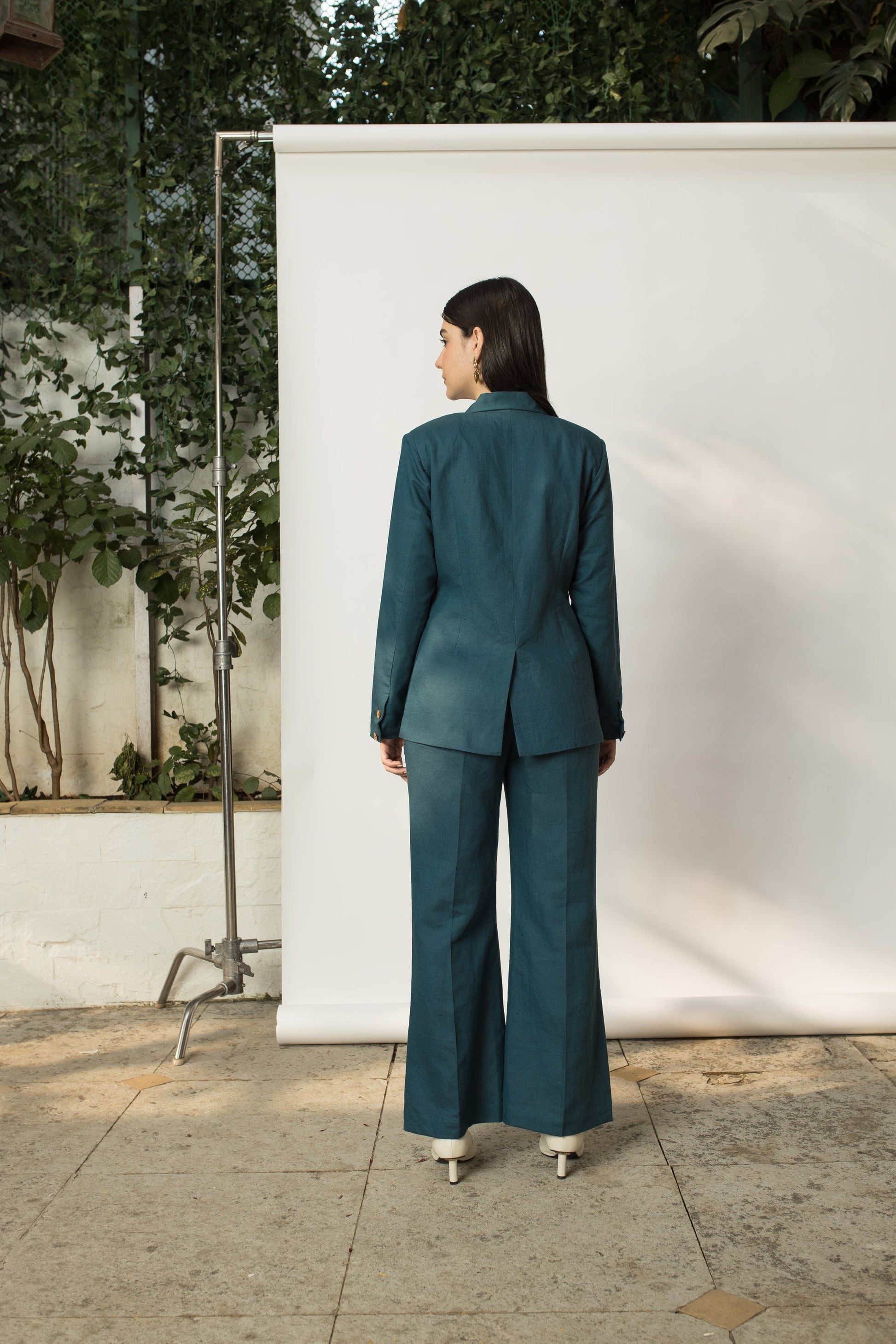 Green Solid Blazer with Buttons by Anushé Pirani with Buttons, Cotton Hemp, Green, Jackets, Nostalgic Whispers, Nostalgic Whispers by Anushe Pirani, Slim Fit, solid, Womenswear at Kamakhyaa for sustainable fashion