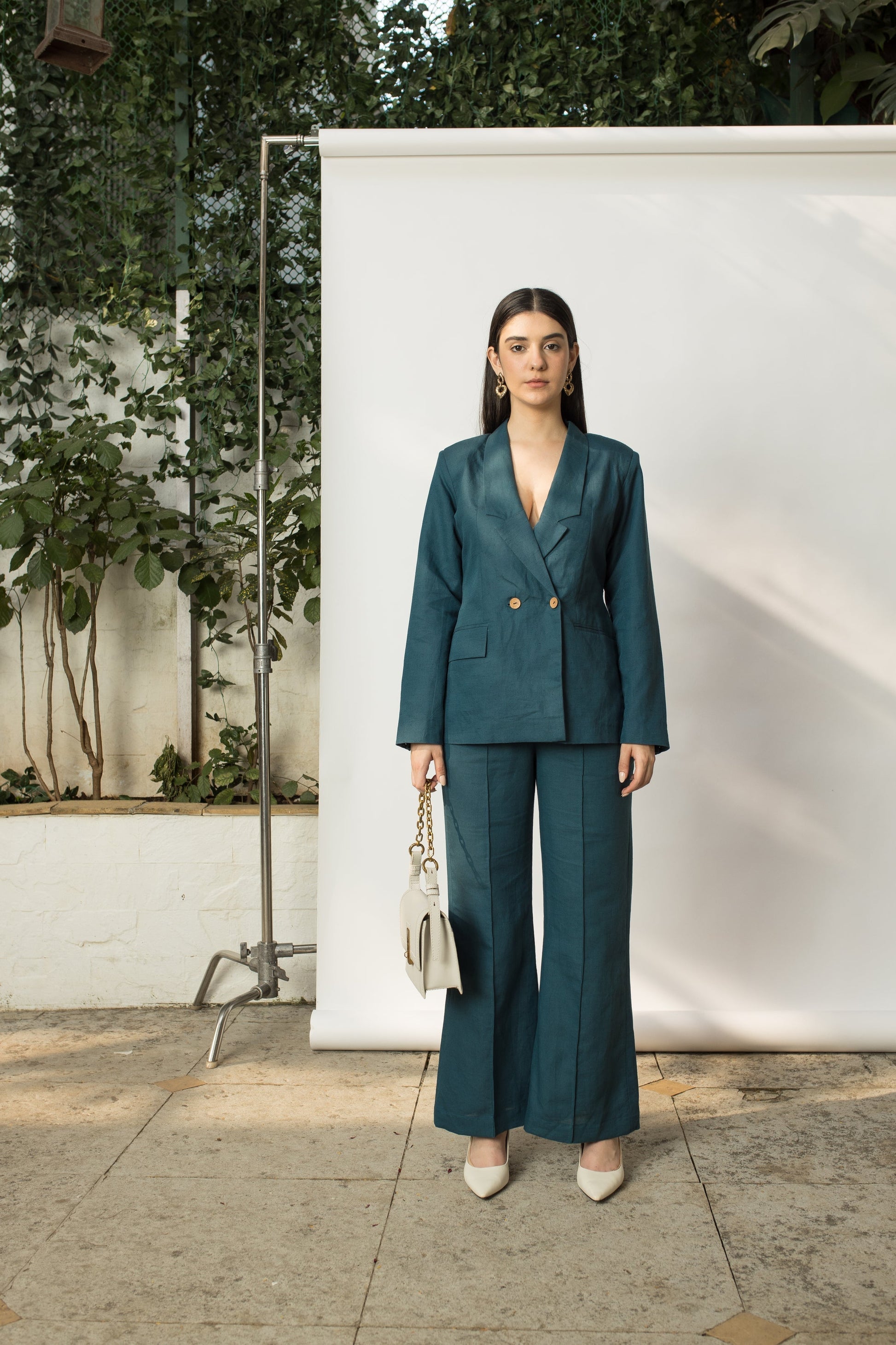 Green Solid Blazer with Buttons by Anushé Pirani with Buttons, Cotton Hemp, Green, Jackets, Nostalgic Whispers, Nostalgic Whispers by Anushe Pirani, Slim Fit, solid, Womenswear at Kamakhyaa for sustainable fashion