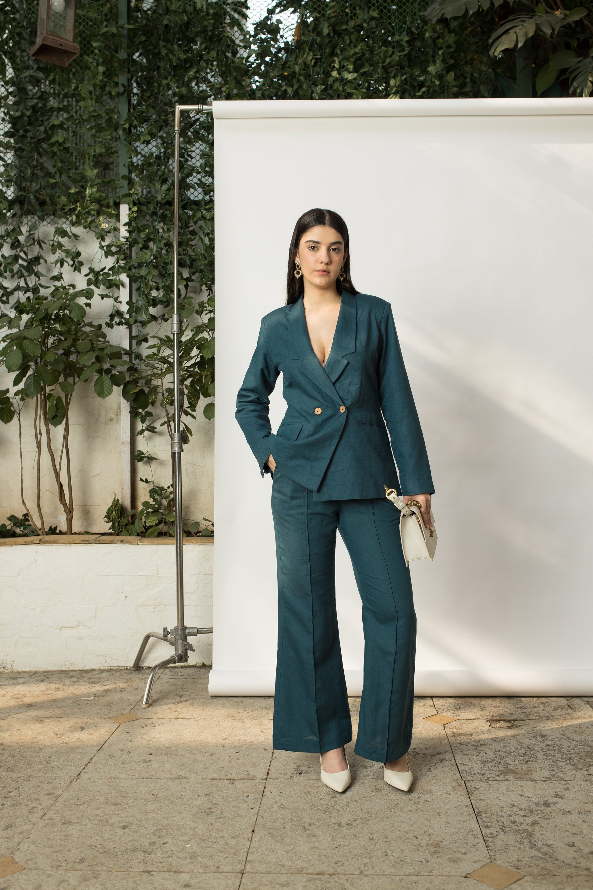 Green Solid Blazer with Buttons by Anushé Pirani with Buttons, Cotton Hemp, Green, Jackets, Nostalgic Whispers, Nostalgic Whispers by Anushe Pirani, Slim Fit, solid, Womenswear at Kamakhyaa for sustainable fashion