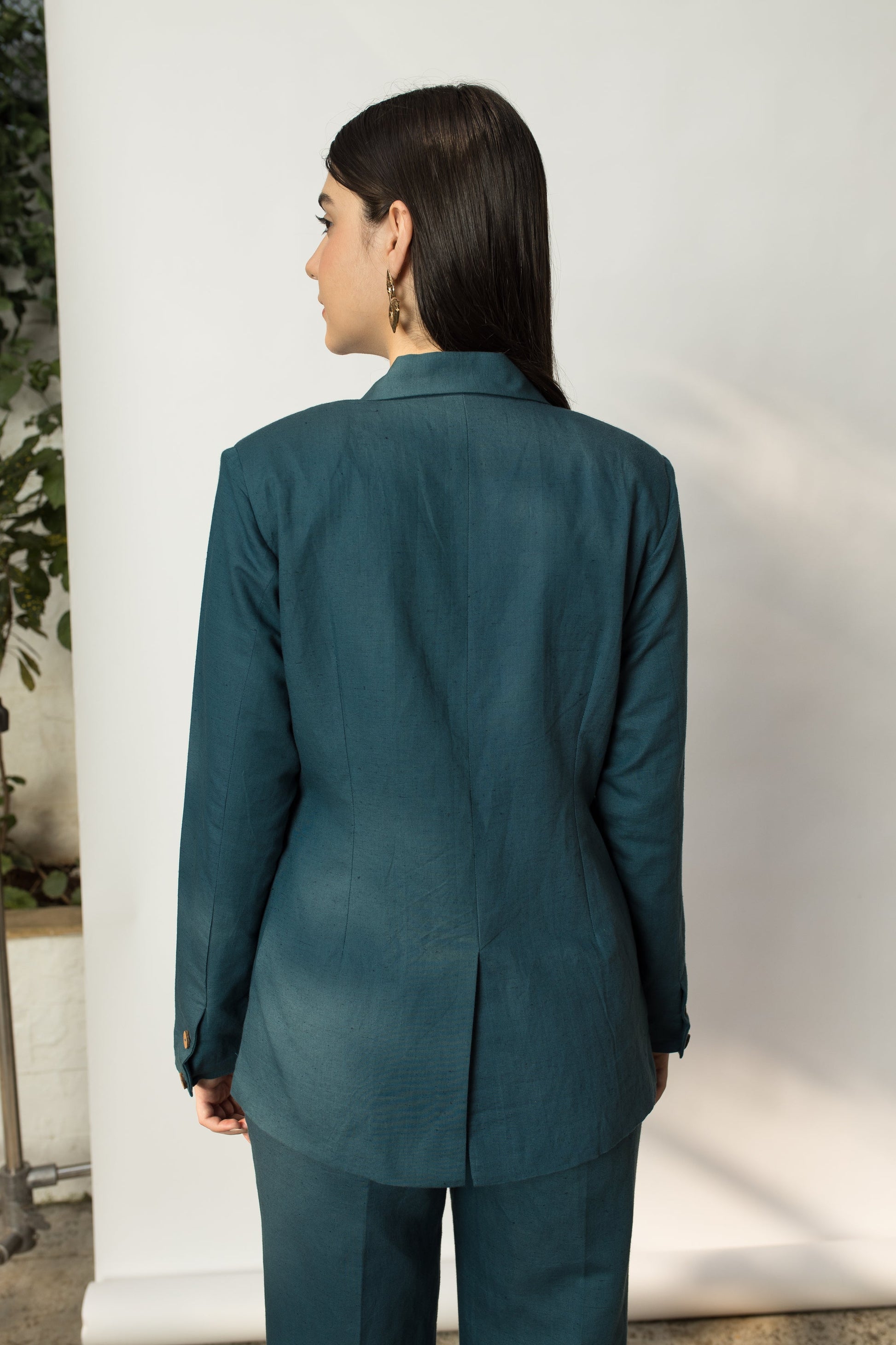 Green Solid Blazer with Buttons by Anushé Pirani with Buttons, Cotton Hemp, Green, Jackets, Nostalgic Whispers, Nostalgic Whispers by Anushe Pirani, Slim Fit, solid, Womenswear at Kamakhyaa for sustainable fashion