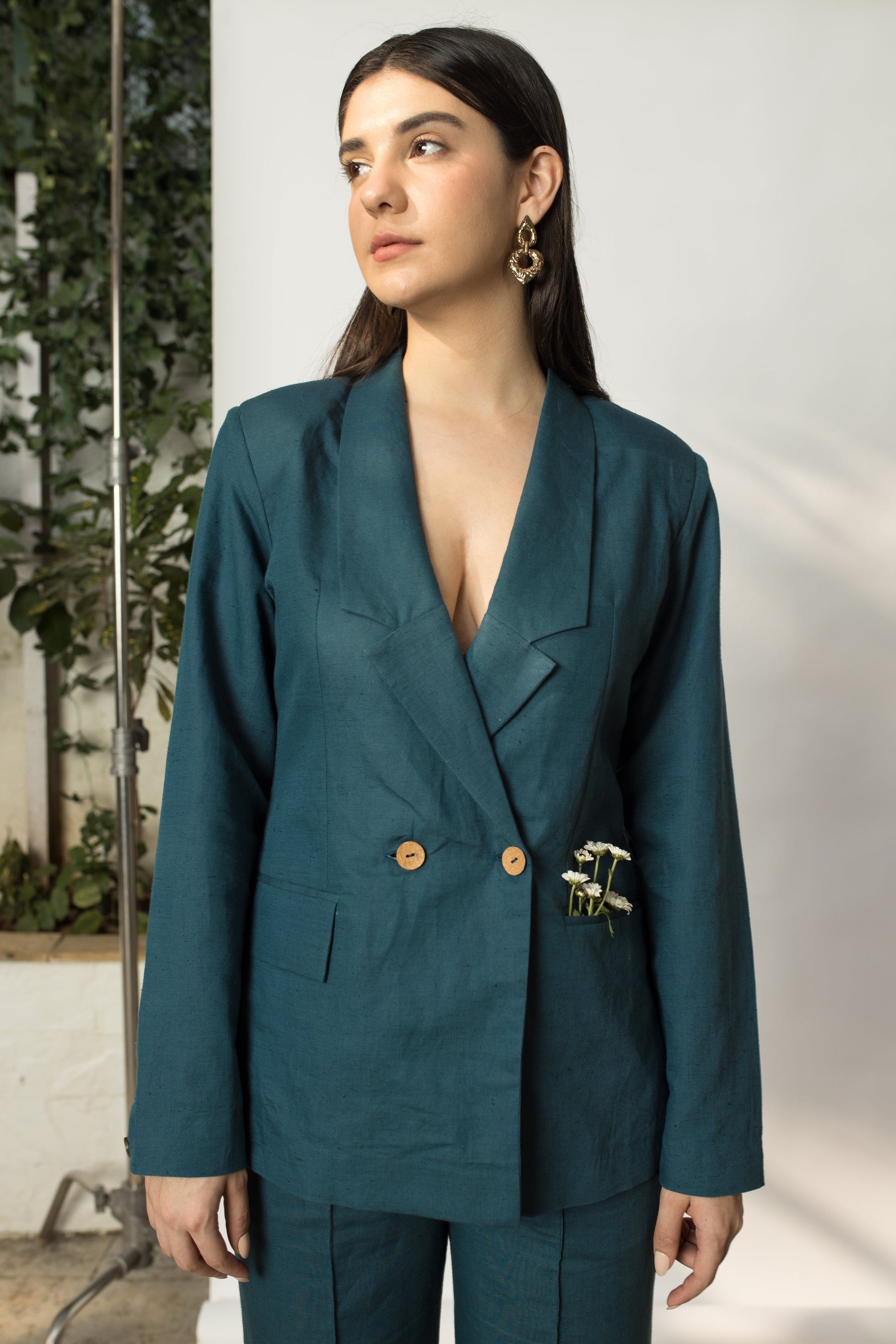 Green Solid Blazer with Buttons by Anushé Pirani with Buttons, Cotton Hemp, Green, Jackets, Nostalgic Whispers, Nostalgic Whispers by Anushe Pirani, Slim Fit, solid, Womenswear at Kamakhyaa for sustainable fashion