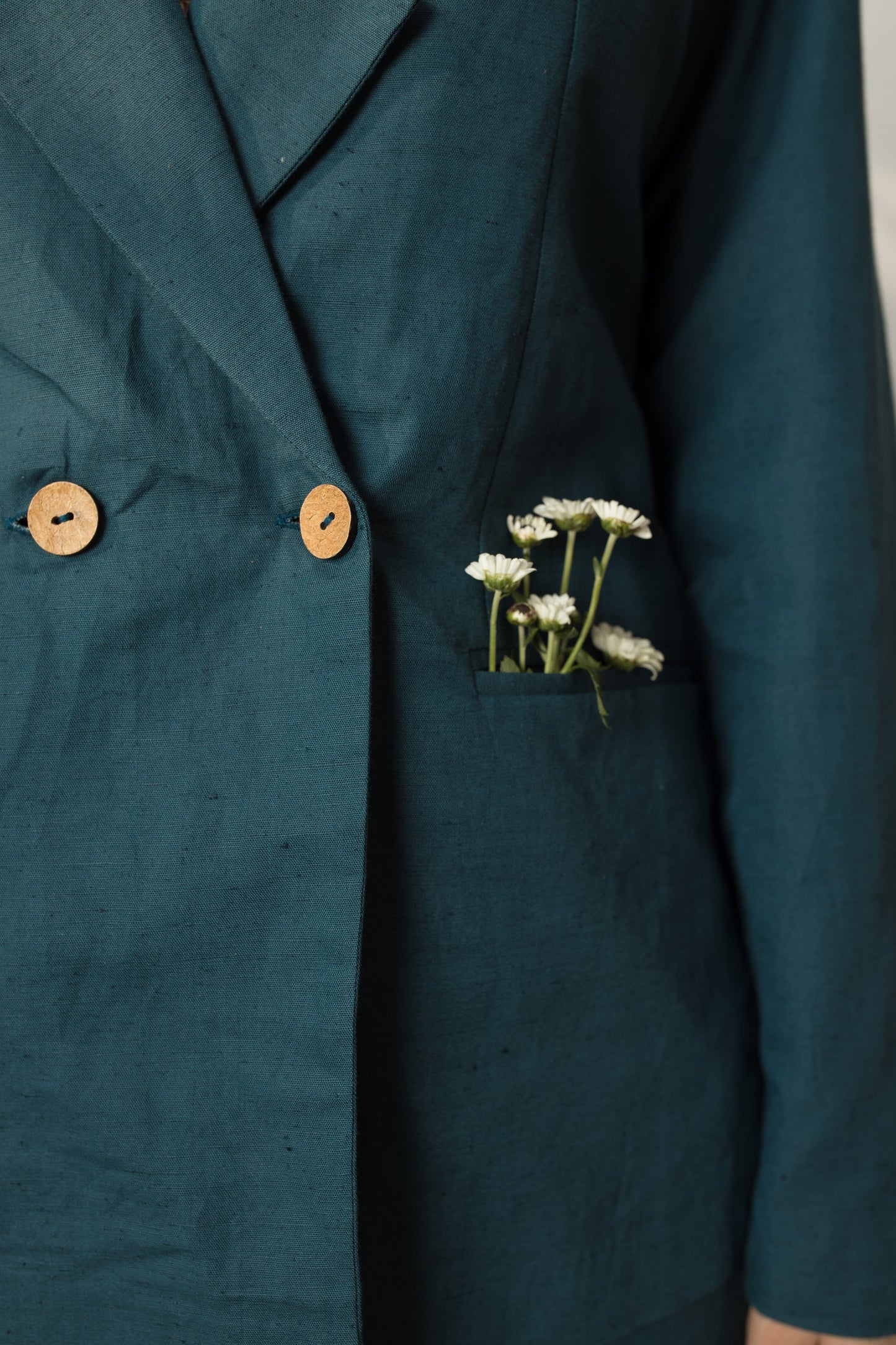 Green Solid Blazer with Buttons by Anushé Pirani with Buttons, Cotton Hemp, Green, Jackets, Nostalgic Whispers, Nostalgic Whispers by Anushe Pirani, Slim Fit, solid, Womenswear at Kamakhyaa for sustainable fashion