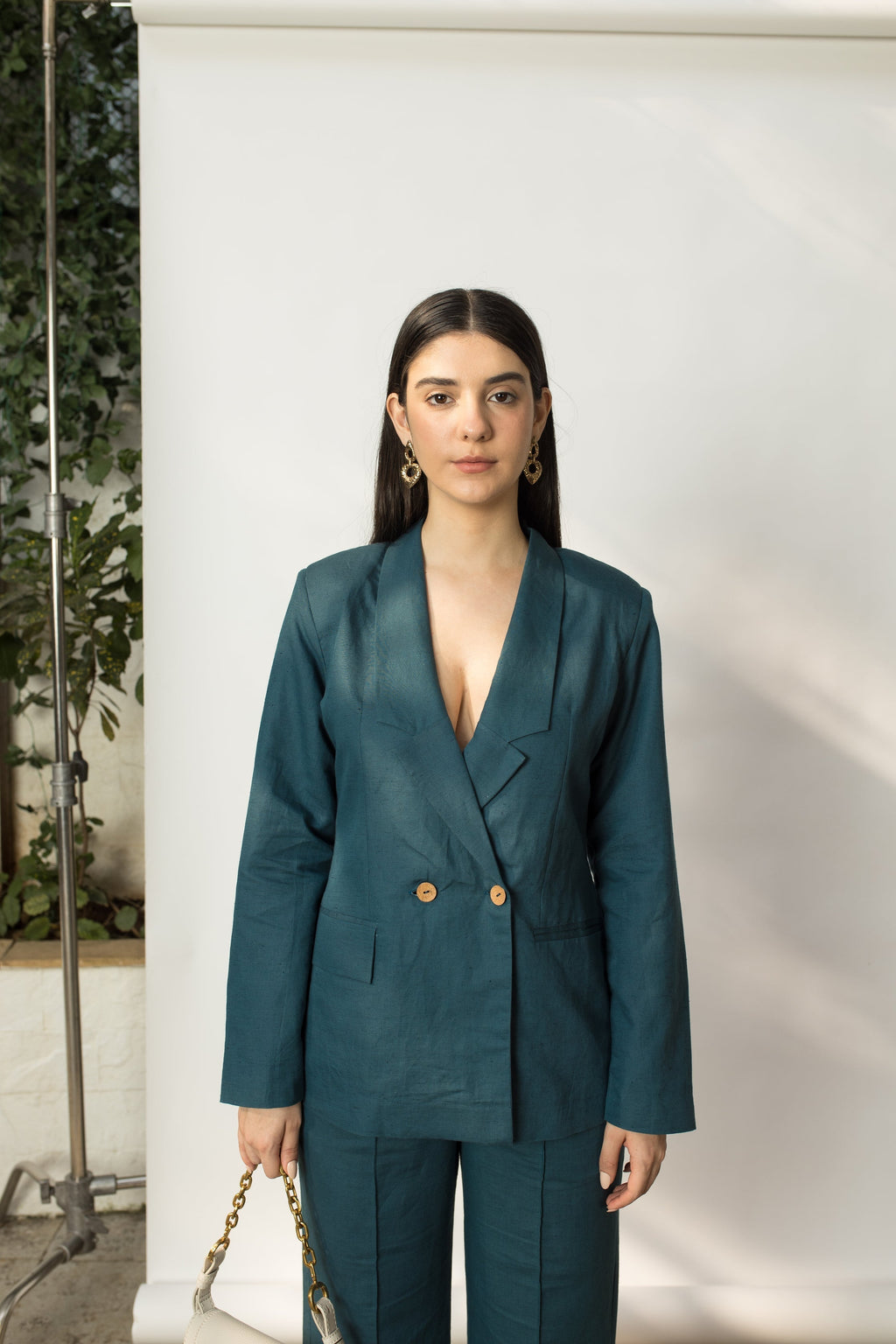 Green Solid Blazer with Buttons by Anushé Pirani with Buttons, Cotton Hemp, Green, Jackets, Nostalgic Whispers, Nostalgic Whispers by Anushe Pirani, Slim Fit, solid, Womenswear at Kamakhyaa for sustainable fashion