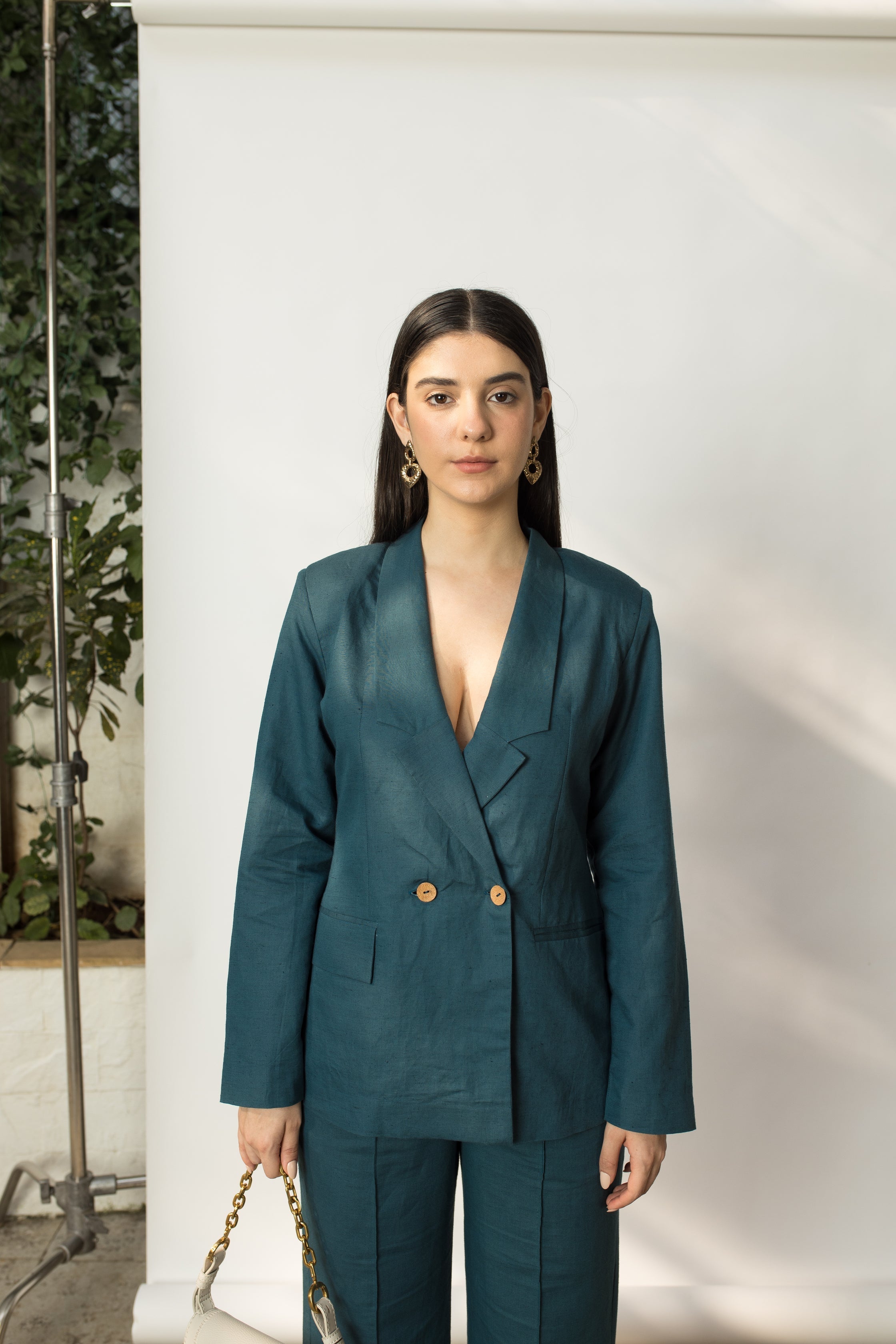 Green Solid Blazer with Buttons by Anushé Pirani with Buttons, Cotton Hemp, Green, Jackets, Nostalgic Whispers, Nostalgic Whispers by Anushe Pirani, Slim Fit, solid, Womenswear at Kamakhyaa for sustainable fashion