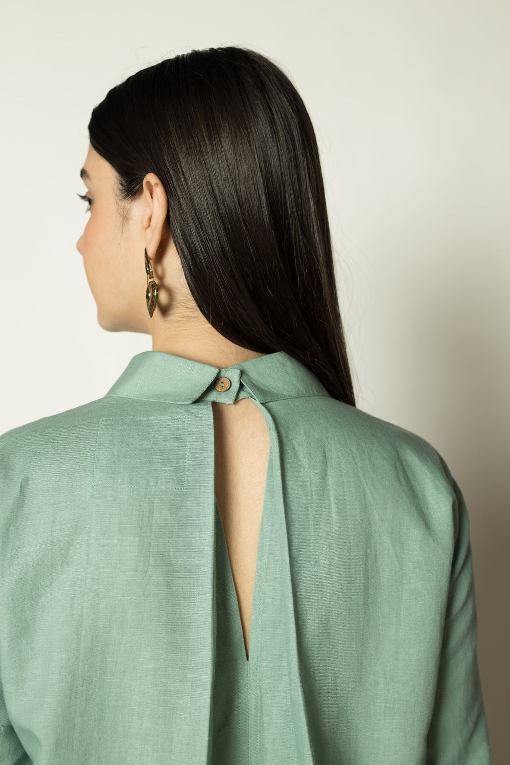 Blue Shirt Dress with Ruched Sleeves by Anushé Pirani with Cotton Hemp, Dresses, Green, Mini Dresses, Nostalgic Whispers, Nostalgic Whispers by Anushe Pirani, Shirt Dresses, solid, Womenswear at Kamakhyaa for sustainable fashion