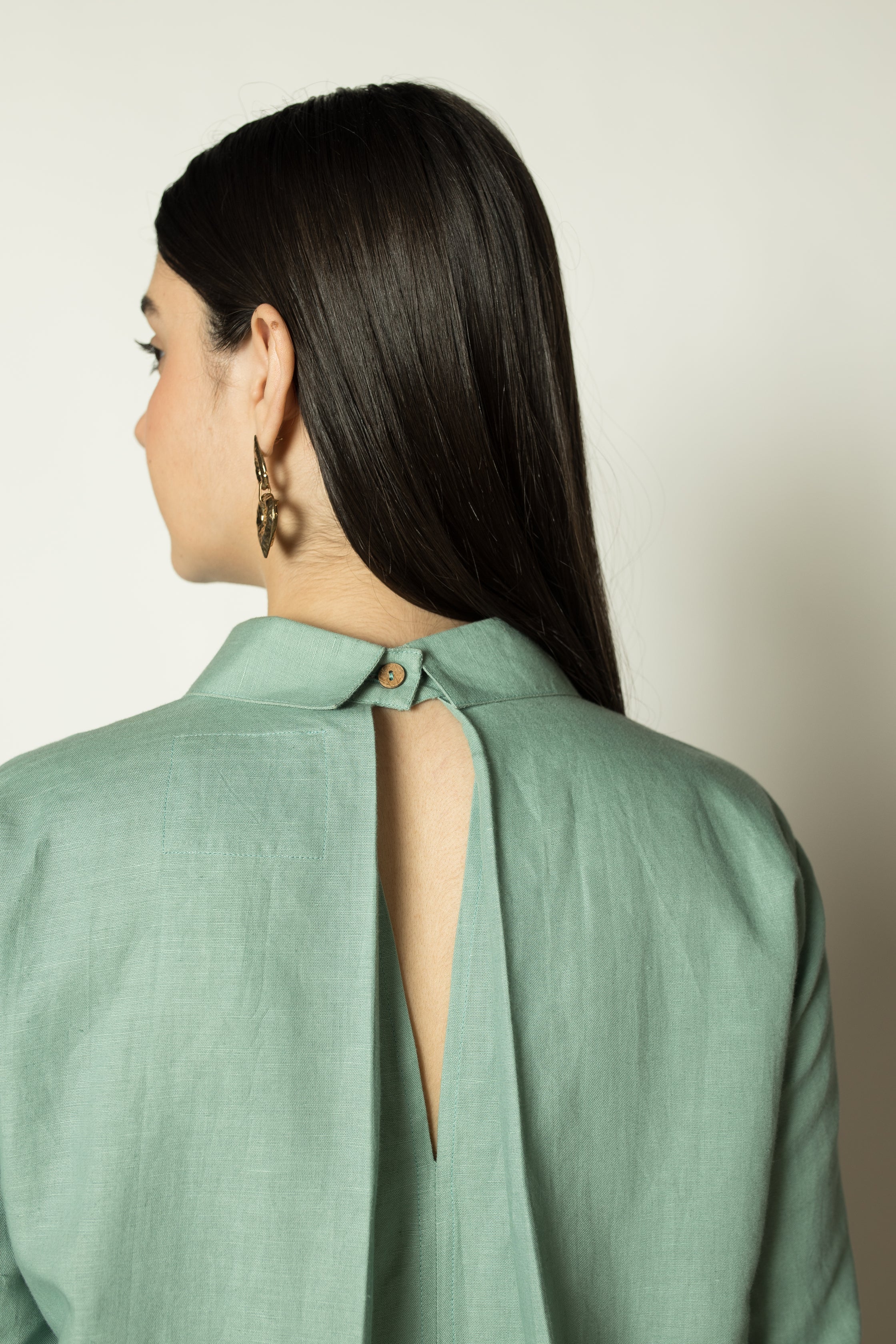 Blue Shirt Dress with Ruched Sleeves by Anushé Pirani with Cotton Hemp, Dresses, Green, Mini Dresses, Nostalgic Whispers, Nostalgic Whispers by Anushe Pirani, Shirt Dresses, solid, Womenswear at Kamakhyaa for sustainable fashion