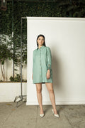 Blue Shirt Dress with Ruched Sleeves by Anushé Pirani with Cotton Hemp, Dresses, Green, Mini Dresses, Nostalgic Whispers, Nostalgic Whispers by Anushe Pirani, Shirt Dresses, solid, Womenswear at Kamakhyaa for sustainable fashion