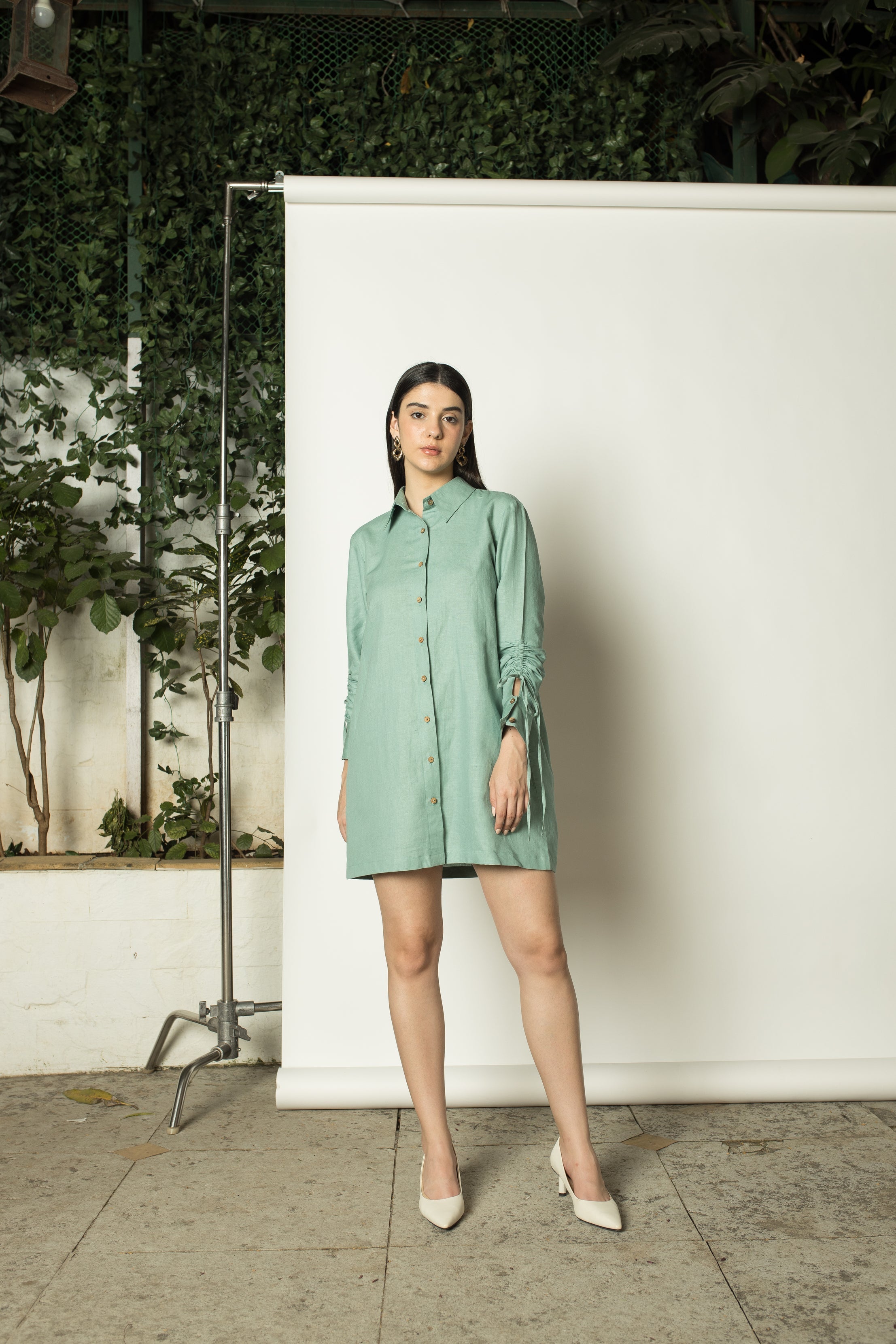 Blue Shirt Dress with Ruched Sleeves by Anushé Pirani with Cotton Hemp, Dresses, Green, Mini Dresses, Nostalgic Whispers, Nostalgic Whispers by Anushe Pirani, Shirt Dresses, solid, Womenswear at Kamakhyaa for sustainable fashion