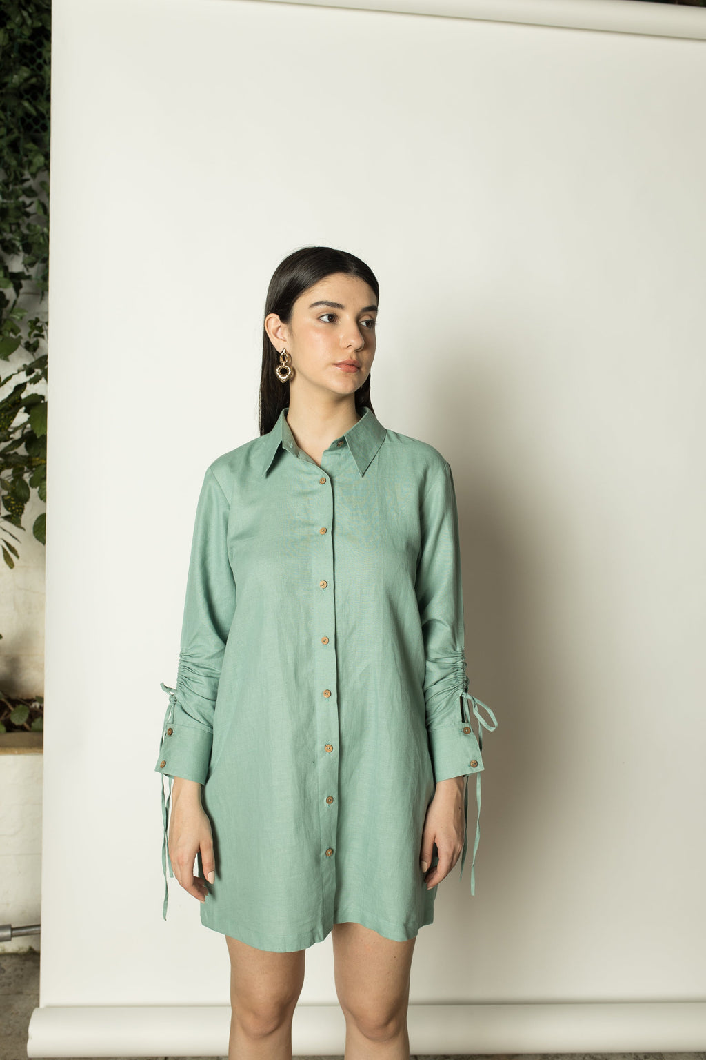 Blue Shirt Dress with Ruched Sleeves by Anushé Pirani with Cotton Hemp, Dresses, Green, Mini Dresses, Nostalgic Whispers, Nostalgic Whispers by Anushe Pirani, Shirt Dresses, solid, Womenswear at Kamakhyaa for sustainable fashion