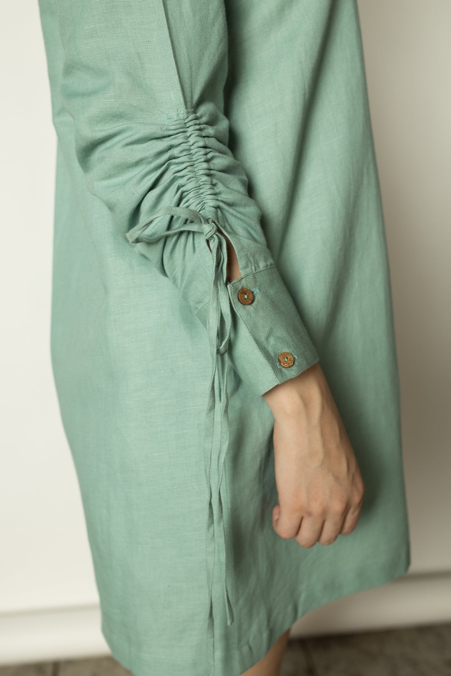 Blue Shirt Dress with Ruched Sleeves by Anushé Pirani with Cotton Hemp, Dresses, Green, Mini Dresses, Nostalgic Whispers, Nostalgic Whispers by Anushe Pirani, Shirt Dresses, solid, Womenswear at Kamakhyaa for sustainable fashion
